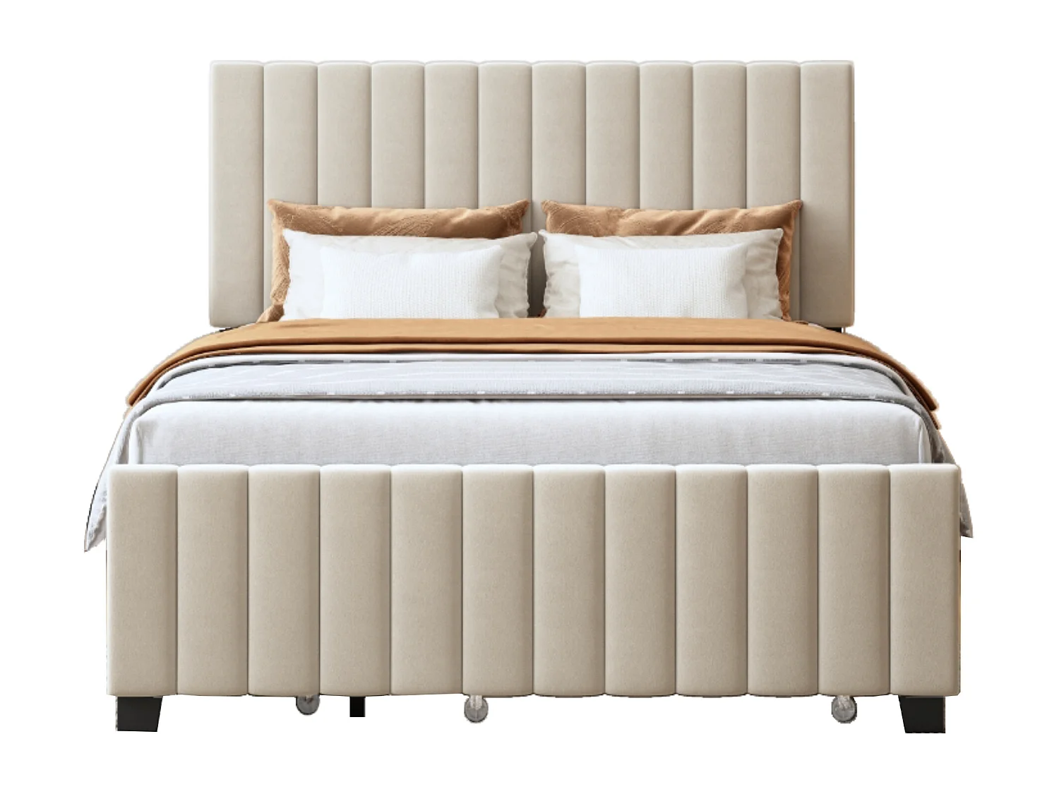 Lit rembourré 140x190 cm avec lit gigogne et deux tiroirs, velours beige, lit double pratique pour chambre moderne