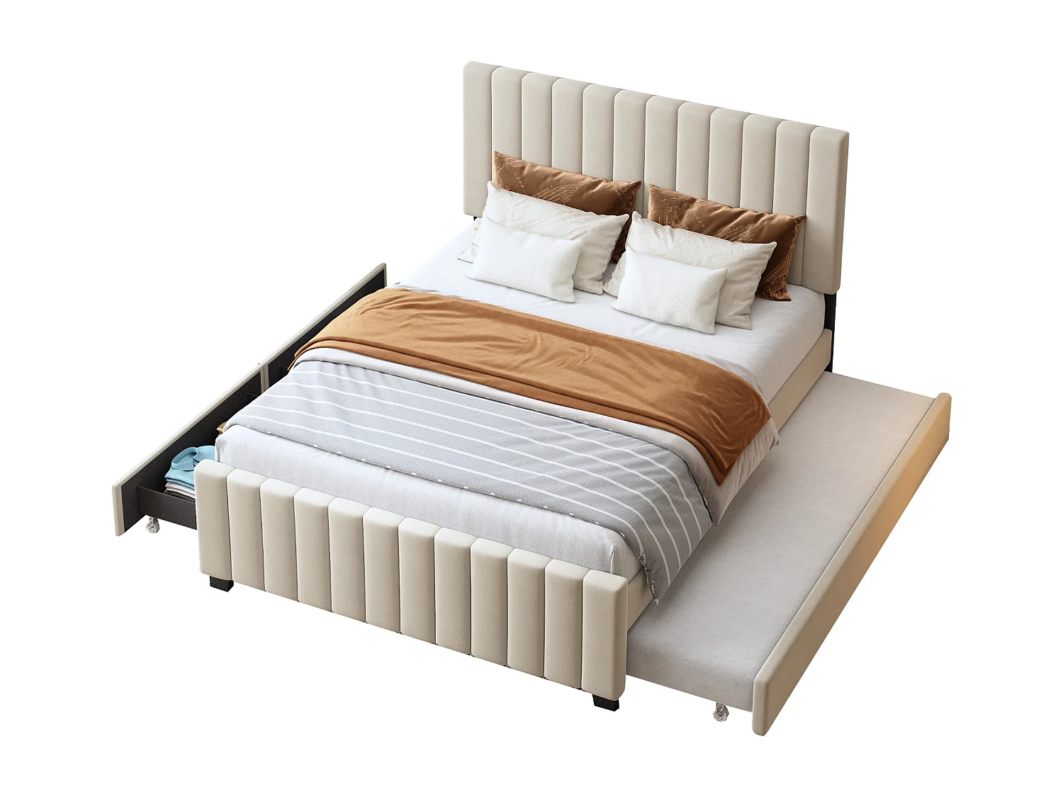 Lit rembourré 140x190 cm avec lit gigogne et deux tiroirs, velours beige, lit double pratique pour chambre moderne