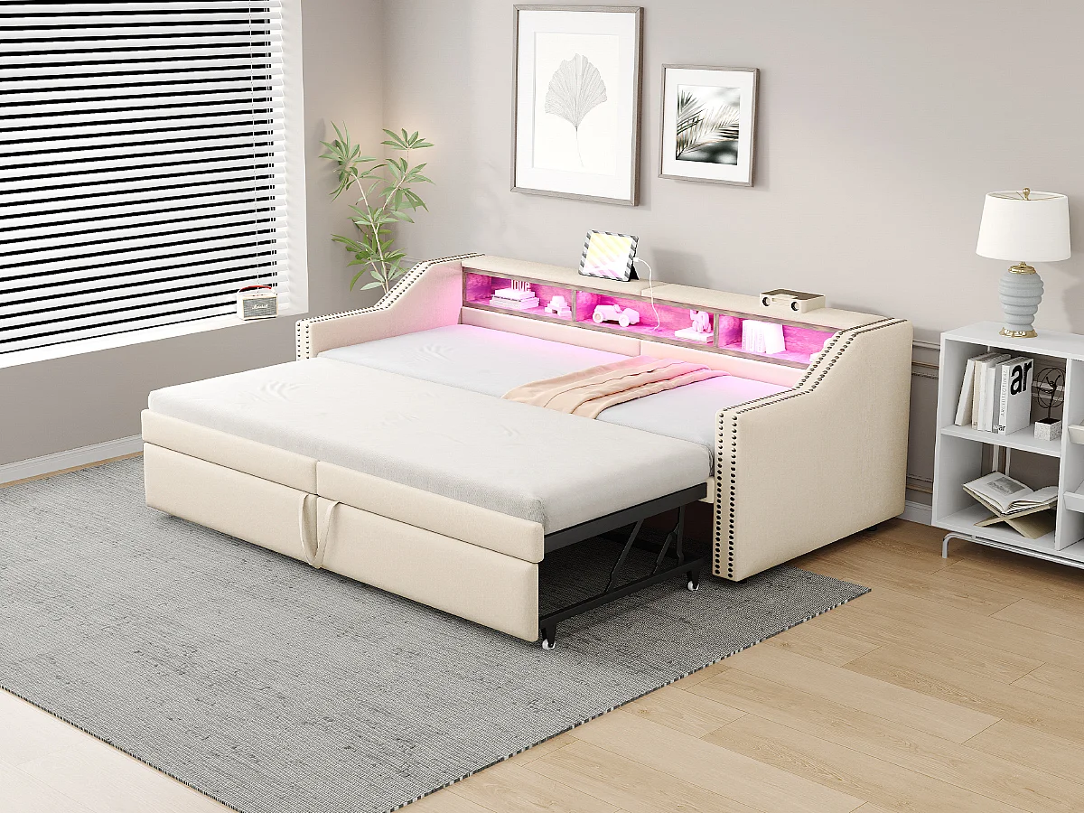 Lit rembourré extensible 90/180x200 cm en lin beige, canapé-lit avec LED, port USB et espace de rangement