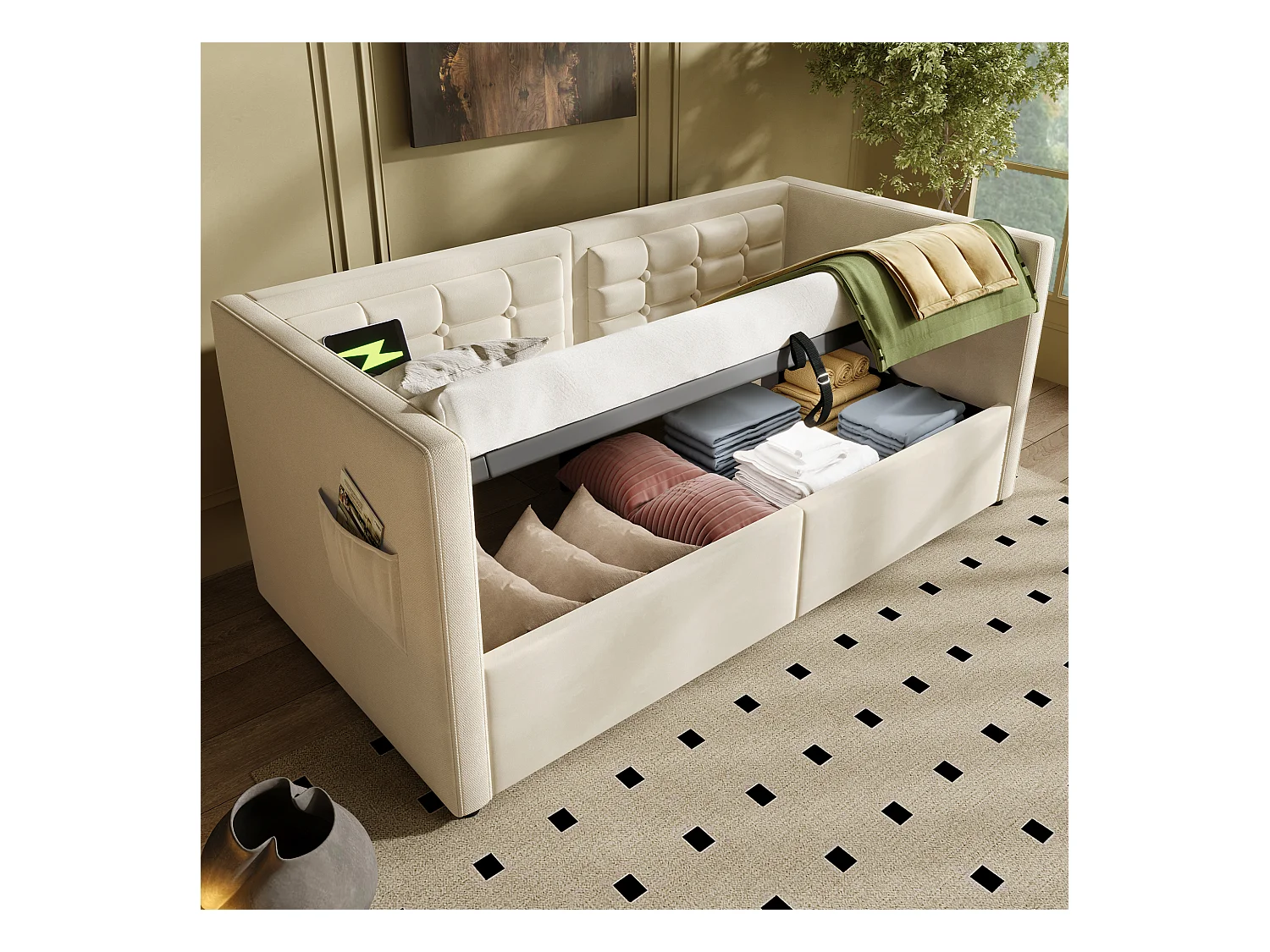Sofa-lit capitonné 90×200 cm, lit individuel avec coffre & ports USB/Type-C, velours beige, sans matelas