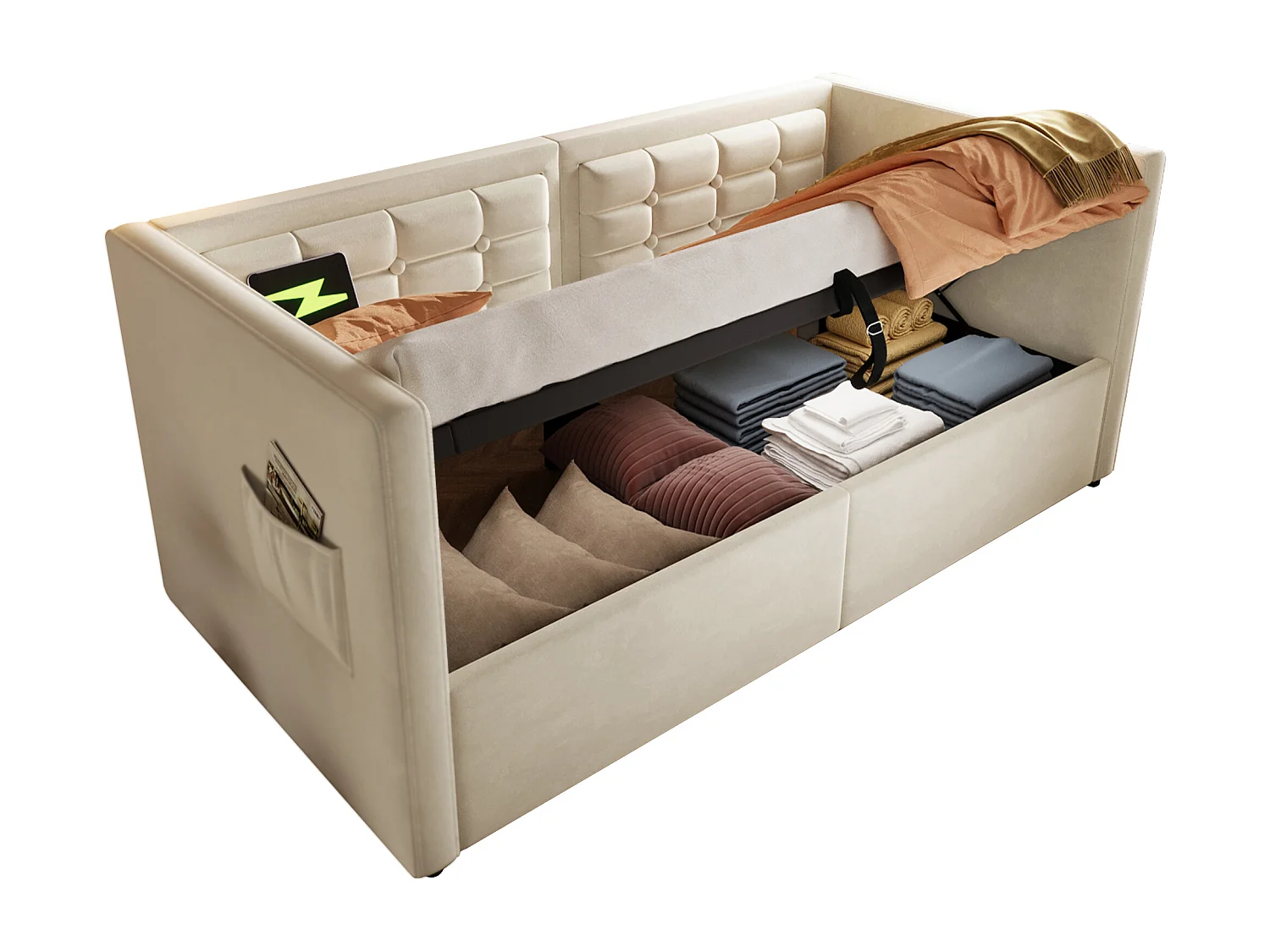 Sofa-lit capitonné 90×200 cm, lit individuel avec coffre & ports USB/Type-C, velours beige, sans matelas
