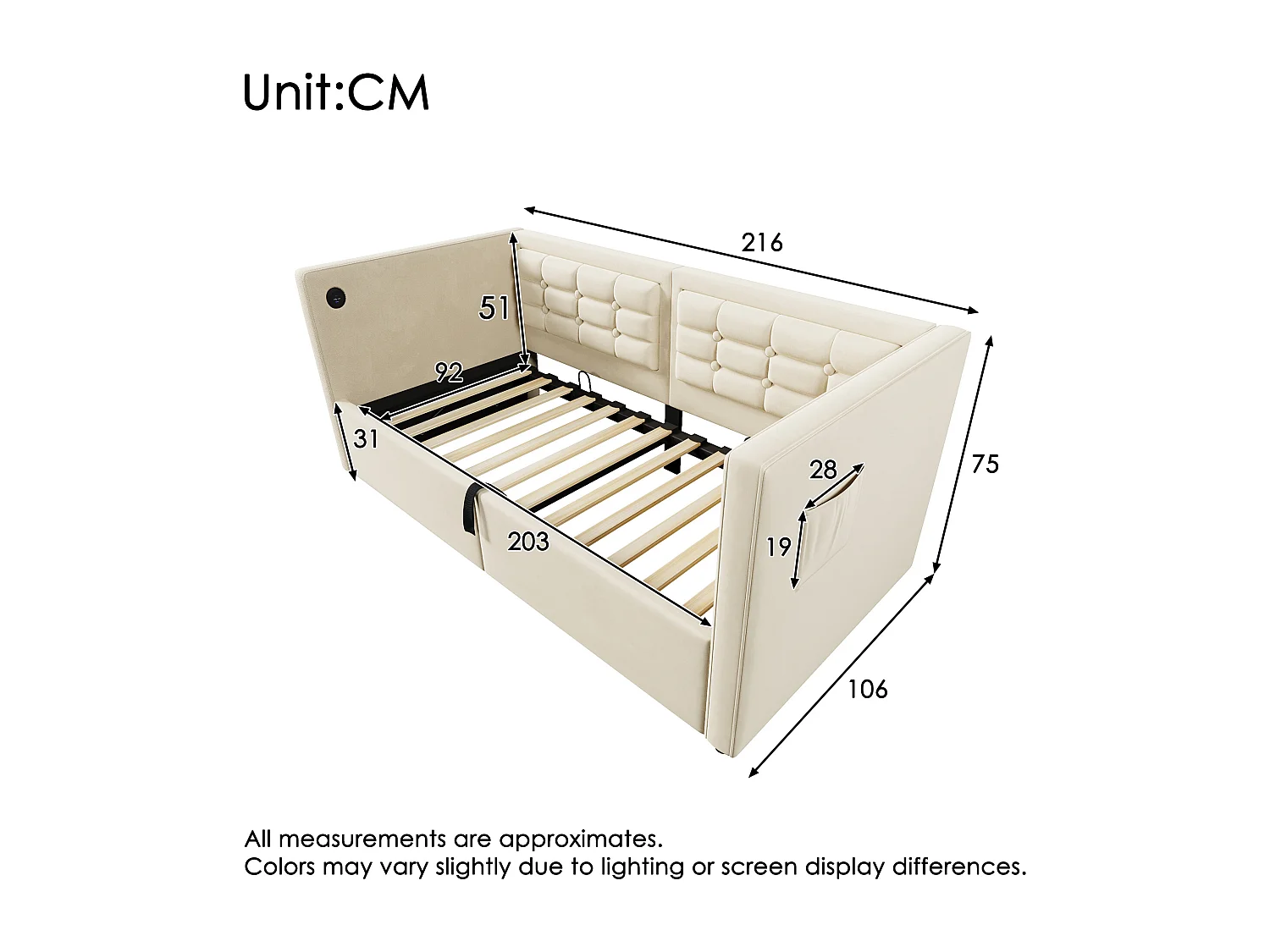 Sofa-lit capitonné 90×200 cm, lit individuel avec coffre & ports USB/Type-C, velours beige, sans matelas
