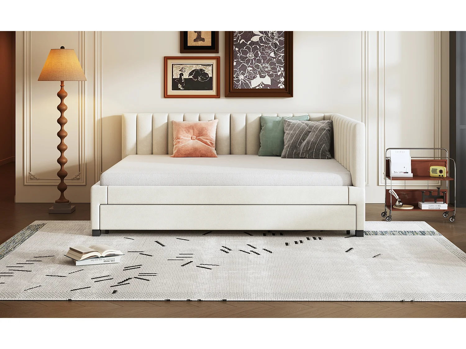 Lit rembourré extensible 140x200 cm avec sommier, velours beige, lit multifonction adapté aux chambres d’amis