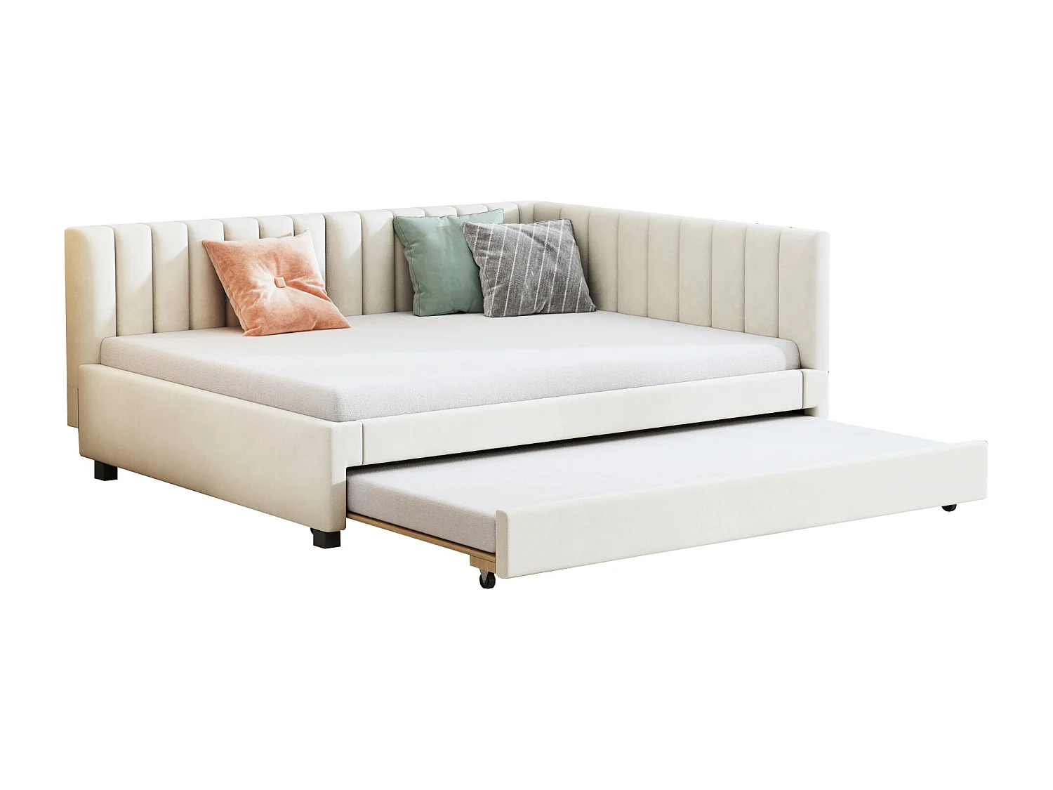 Lit rembourré extensible 140x200 cm avec sommier, velours beige, lit multifonction adapté aux chambres d’amis