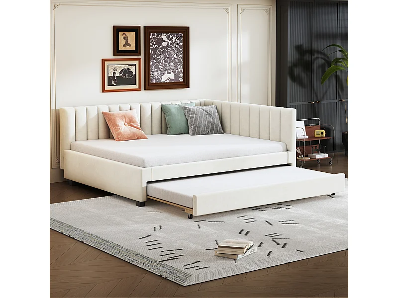 Lit rembourré extensible 140x200 cm avec sommier, velours beige, lit multifonction adapté aux chambres d’amis