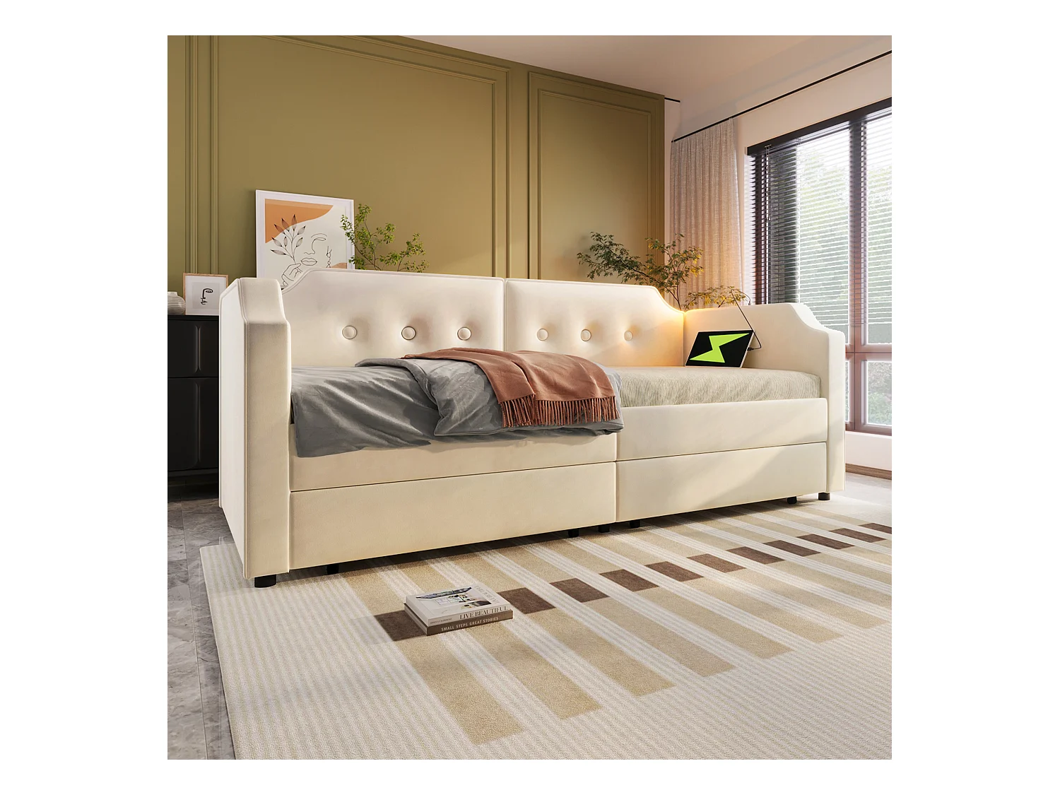 Lit banquette capitonné 90×200 cm, canapé-lit avec lumière de lecture USB-C et 2 tiroirs, velours beige, sans matelas