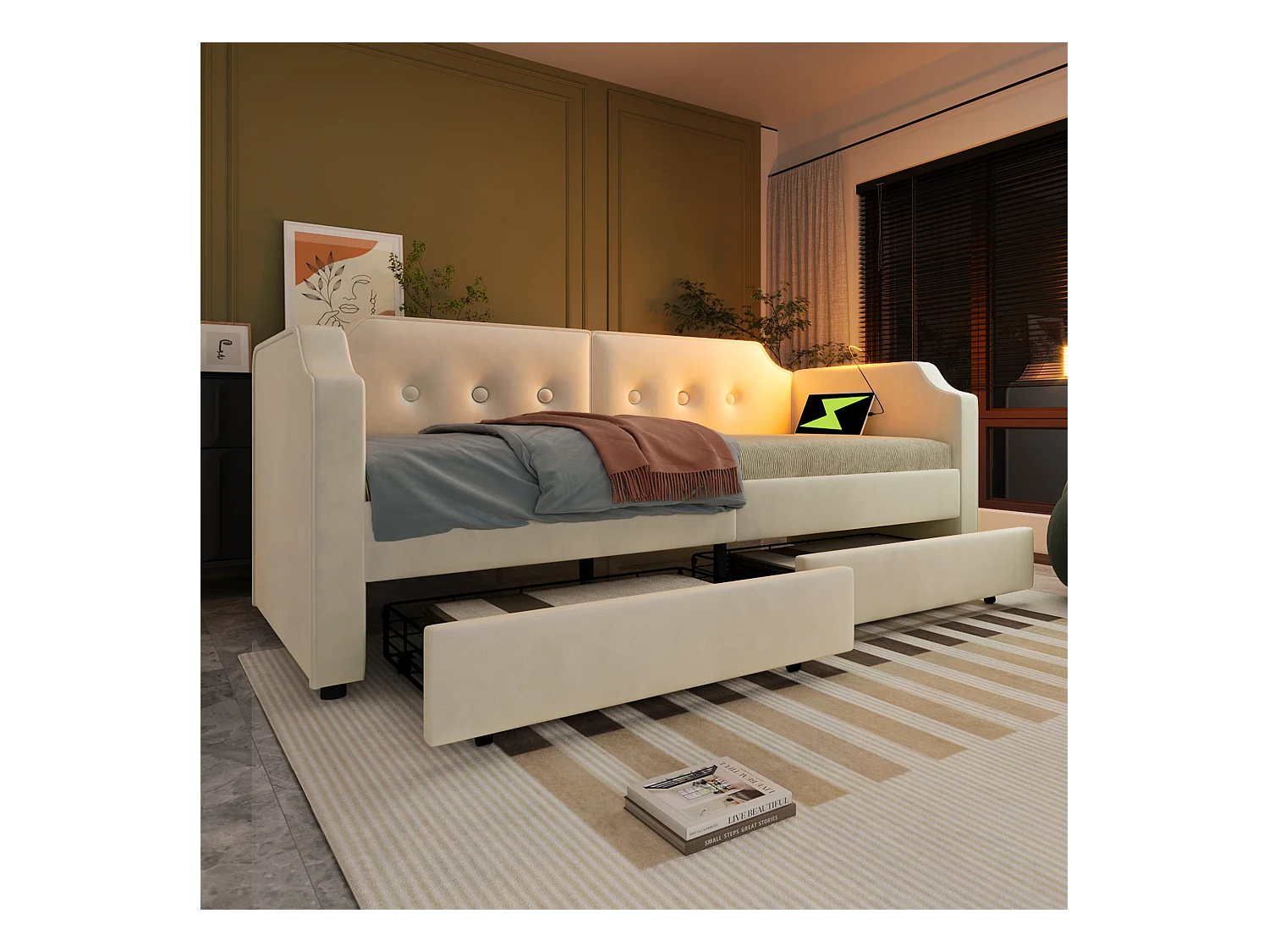 Lit banquette capitonné 90×200 cm, canapé-lit avec lumière de lecture USB-C et 2 tiroirs, velours beige, sans matelas