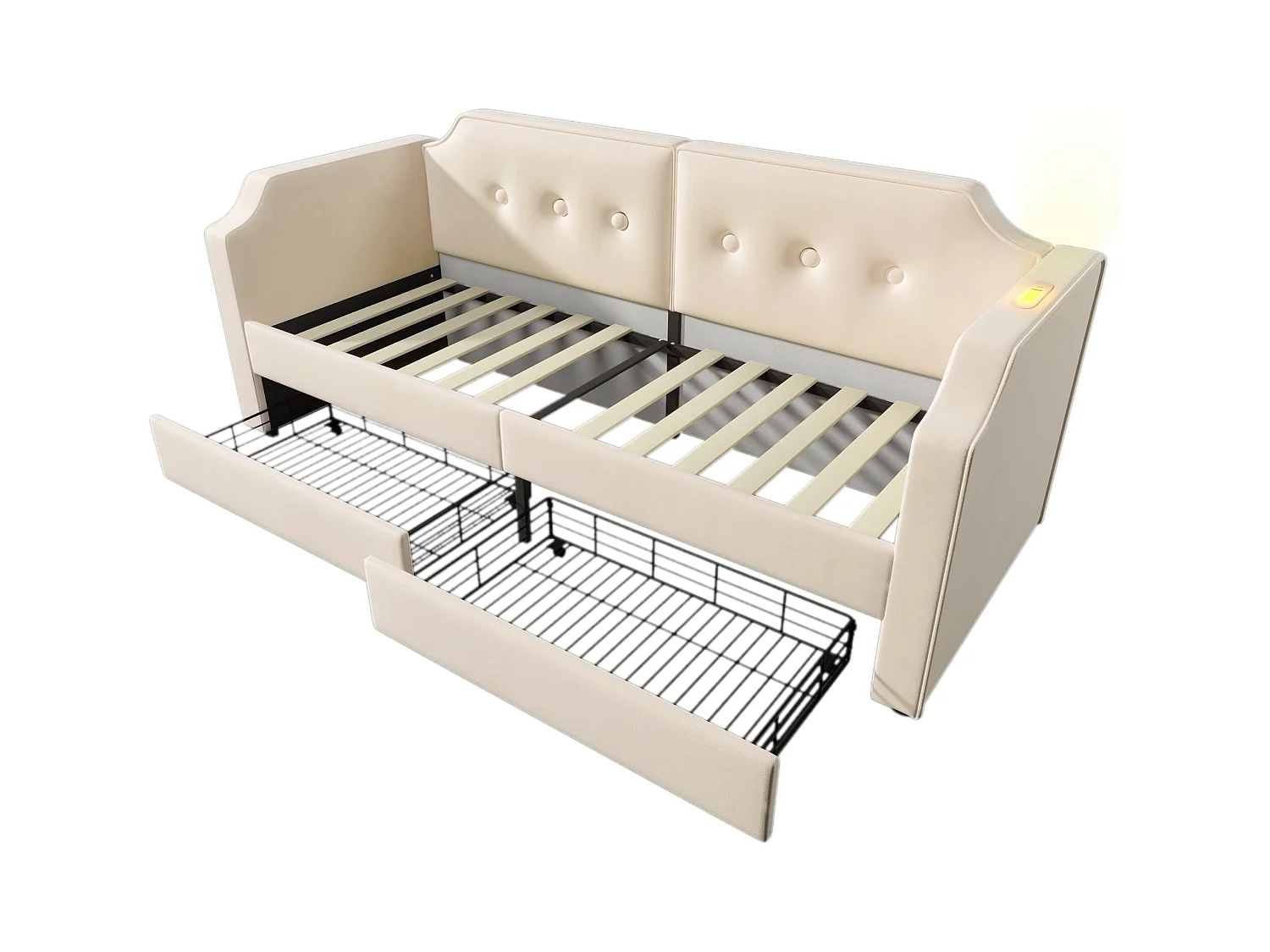 Lit banquette capitonné 90×200 cm, canapé-lit avec lumière de lecture USB-C et 2 tiroirs, velours beige, sans matelas