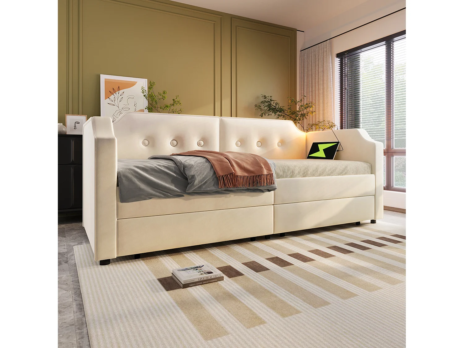 Lit banquette capitonné 90×200 cm, canapé-lit avec lumière de lecture USB-C et 2 tiroirs, velours beige, sans matelas