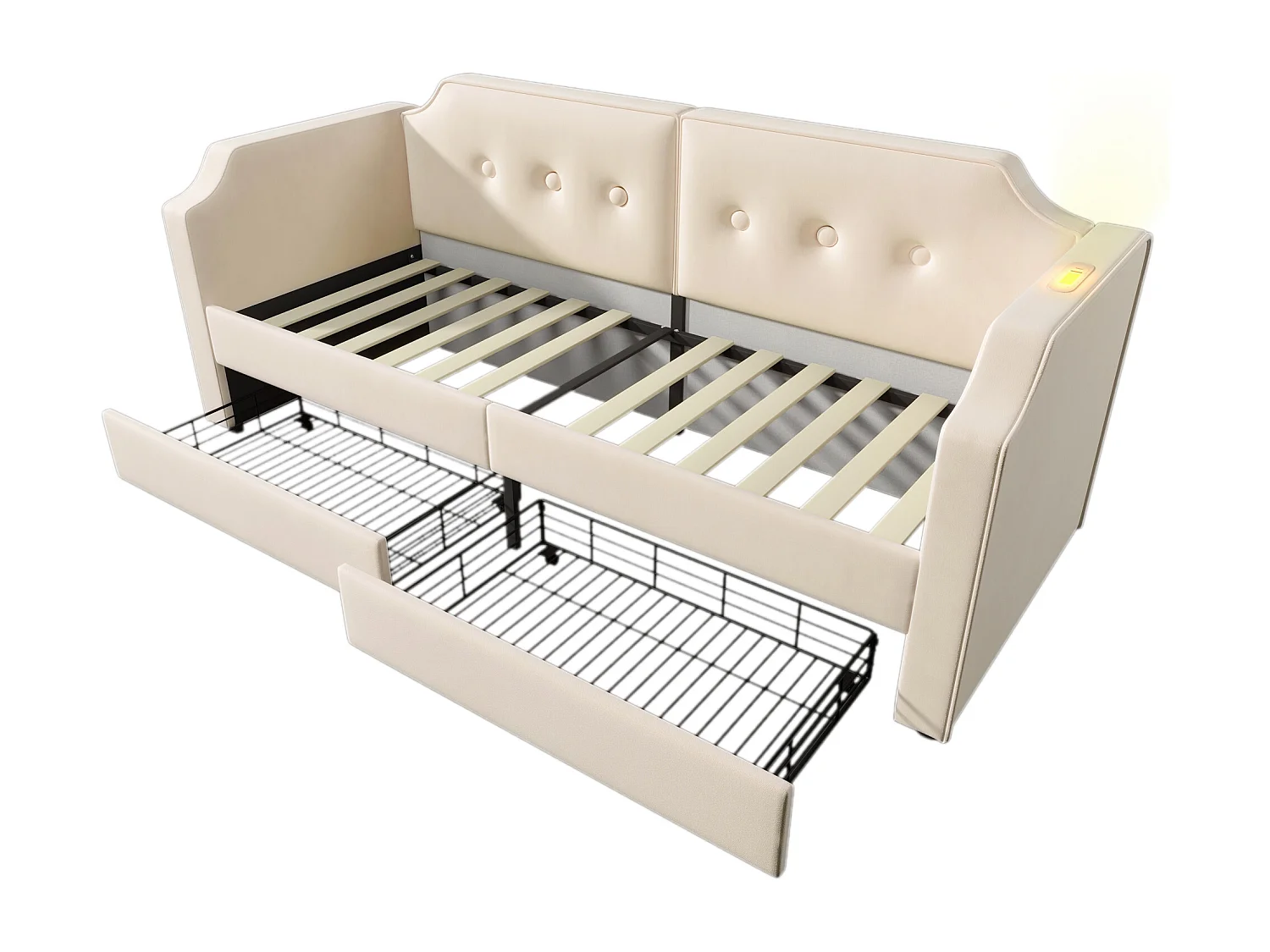 Lit banquette capitonné 90×200 cm, canapé-lit avec lumière de lecture USB-C et 2 tiroirs, velours beige, sans matelas