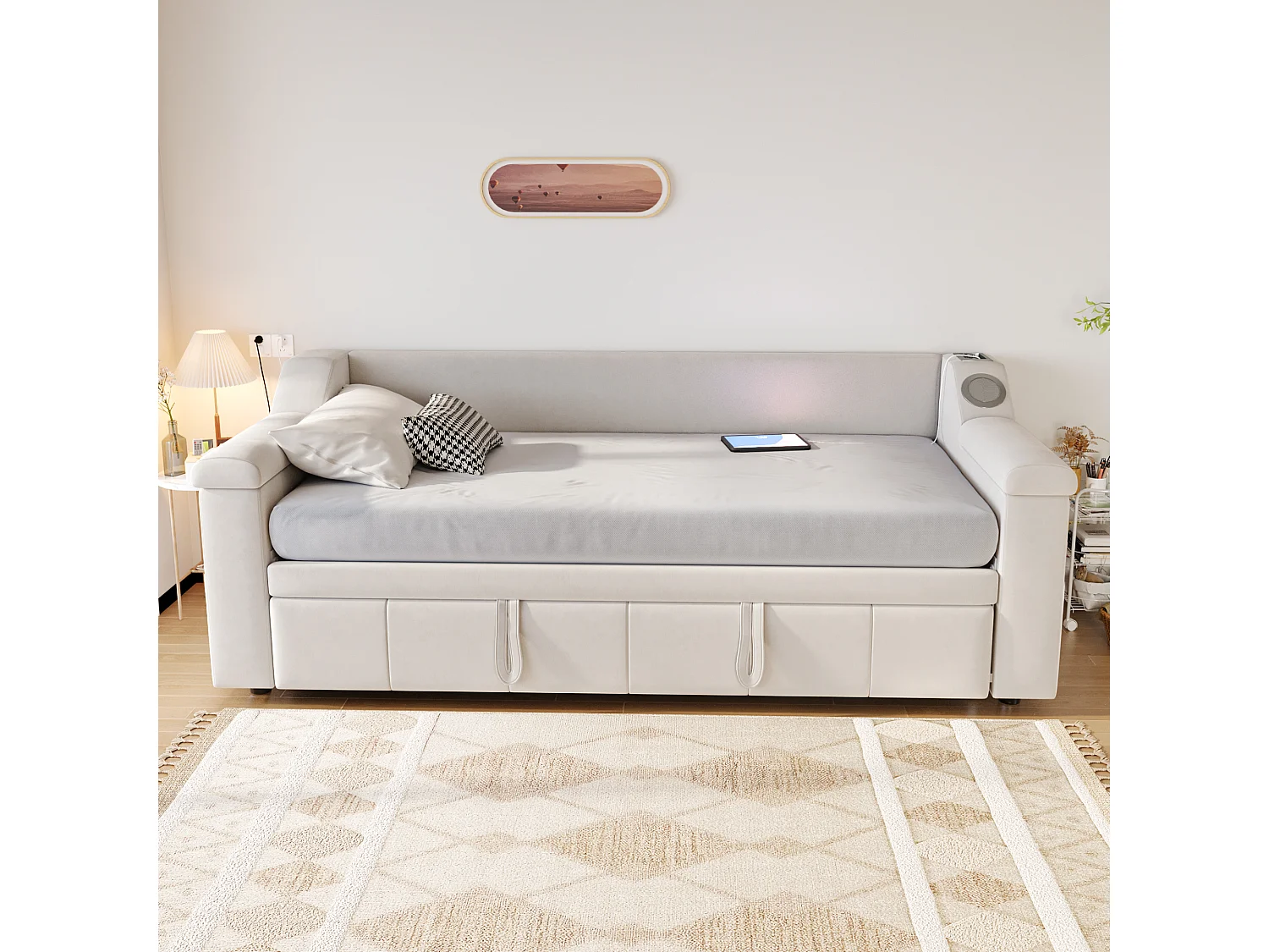 Canapé-lit rembourré 90/180x190 cm, accoudoirs larges, audio Bluetooth, port USB, poches de rangement, velours beige