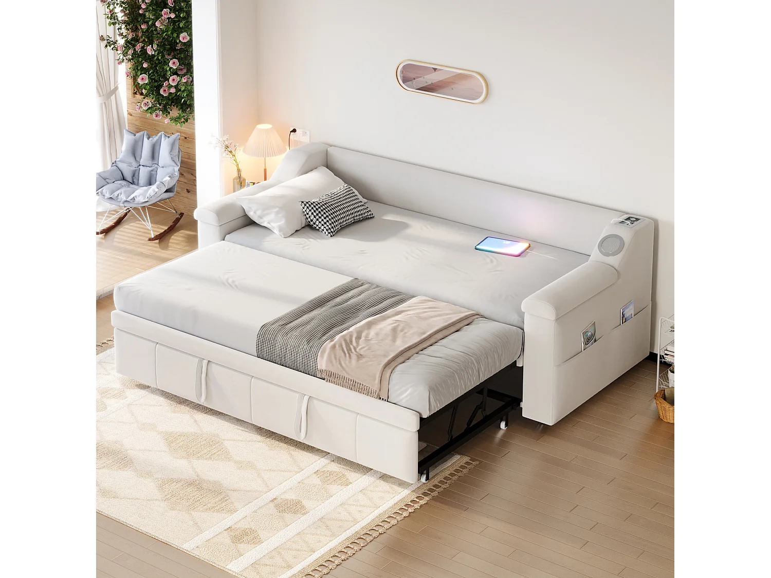 Canapé-lit rembourré 90/180x190 cm, accoudoirs larges, audio Bluetooth, port USB, poches de rangement, velours beige