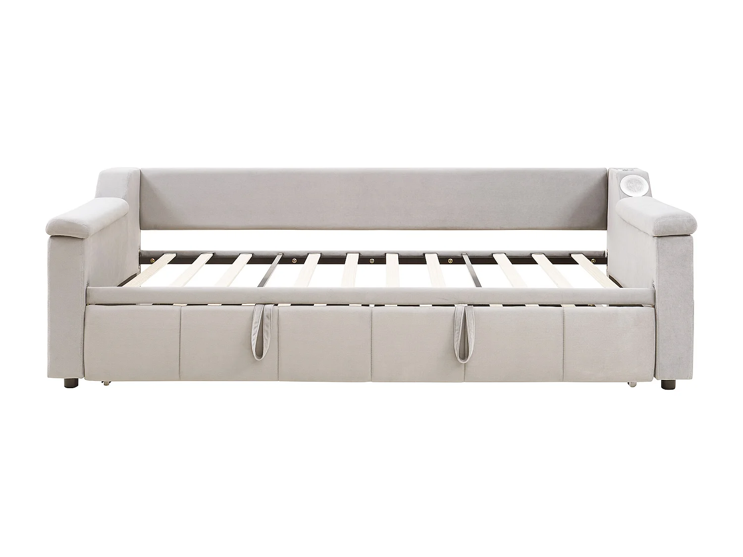 Canapé-lit rembourré 90/180x190 cm, accoudoirs larges, audio Bluetooth, port USB, poches de rangement, velours beige