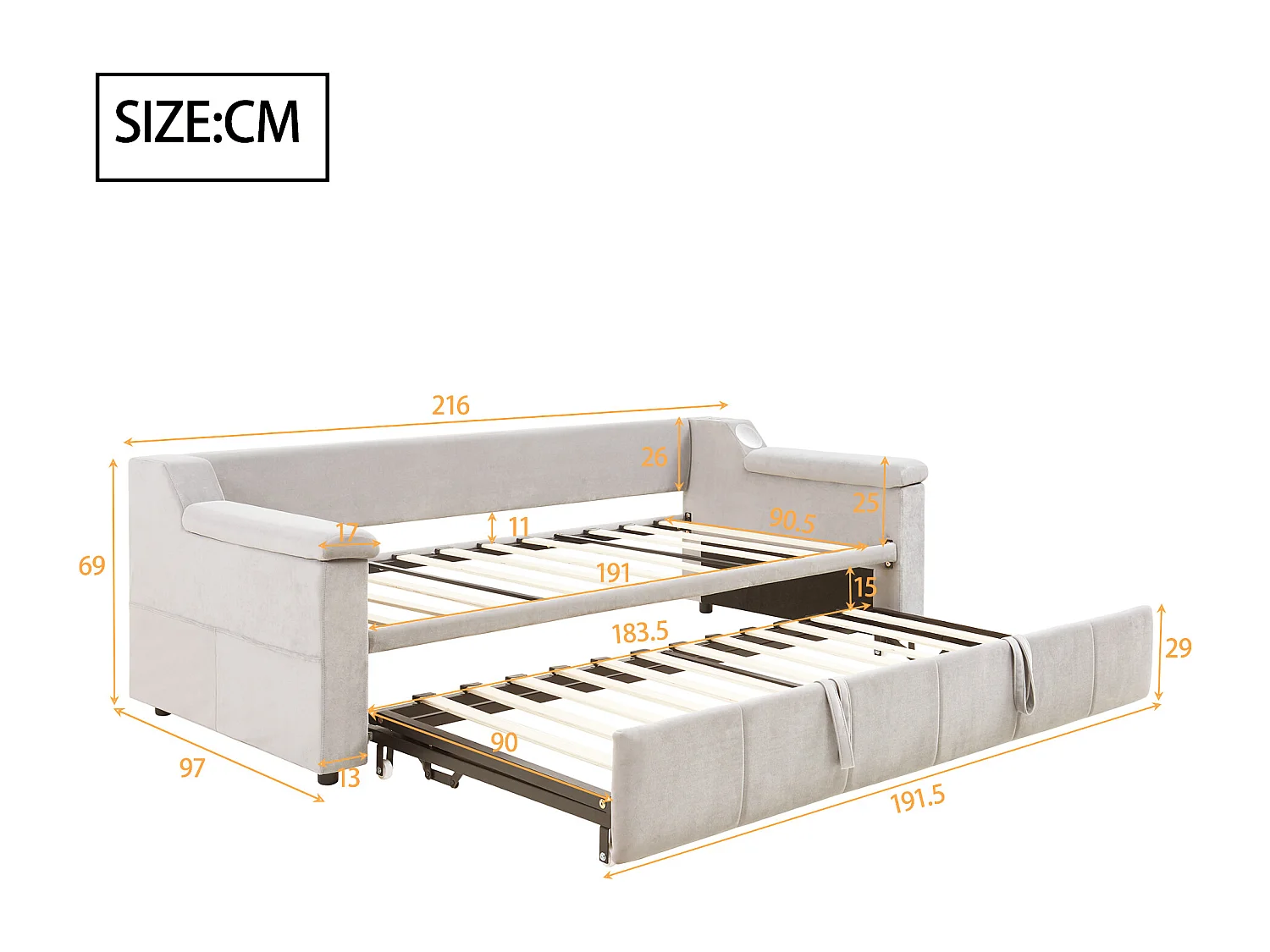 Canapé-lit rembourré 90/180x190 cm, accoudoirs larges, audio Bluetooth, port USB, poches de rangement, velours beige