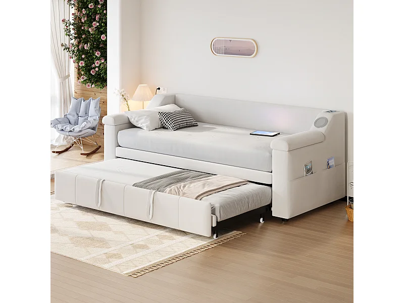 Canapé-lit rembourré 90/180x190 cm, accoudoirs larges, audio Bluetooth, port USB, poches de rangement, velours beige
