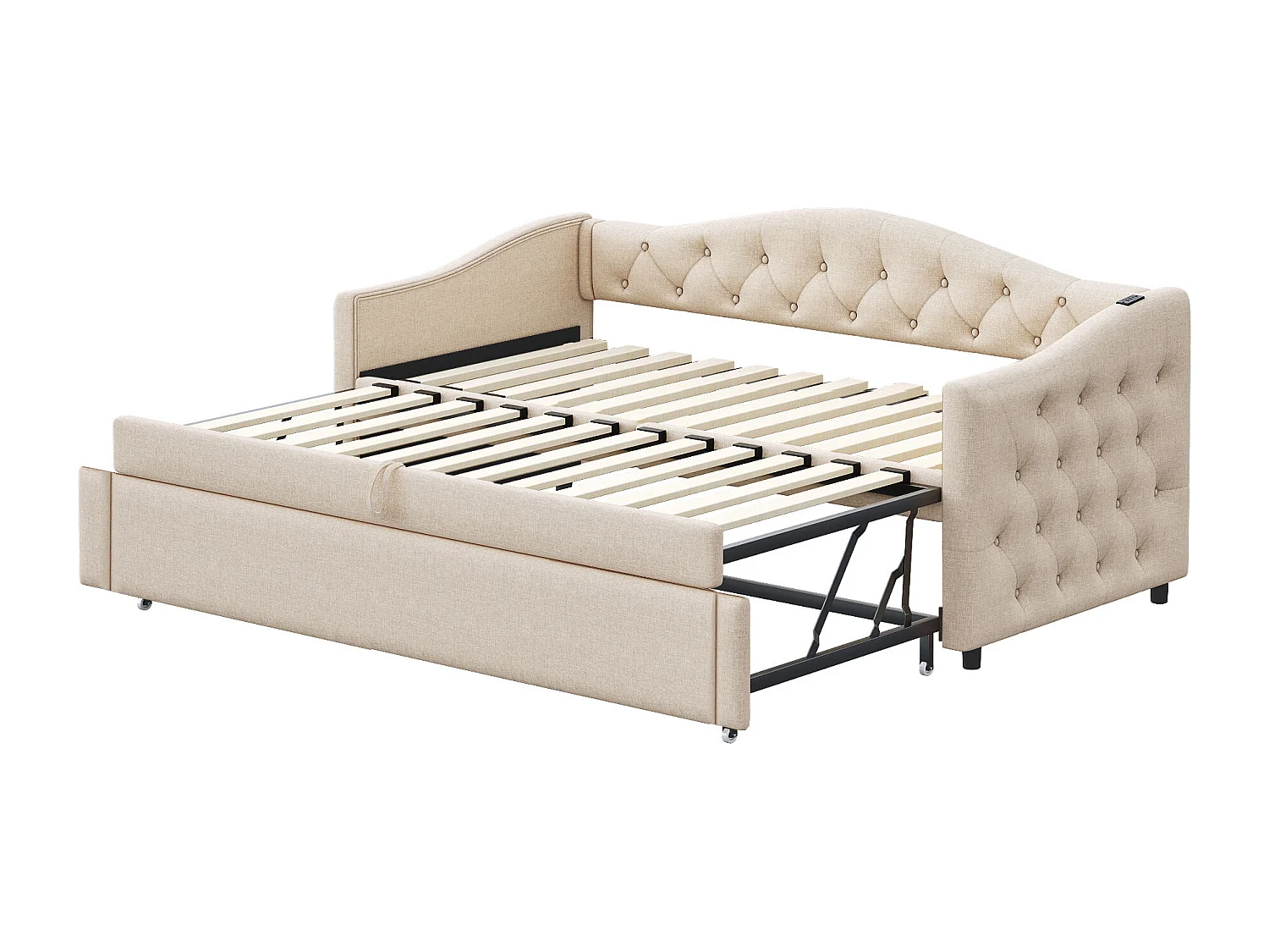 Canapé-lit extensible 90x200 cm avec port USB, design capitonné, lit multifonction avec sommier, tissu en lin beige (sans matelas)