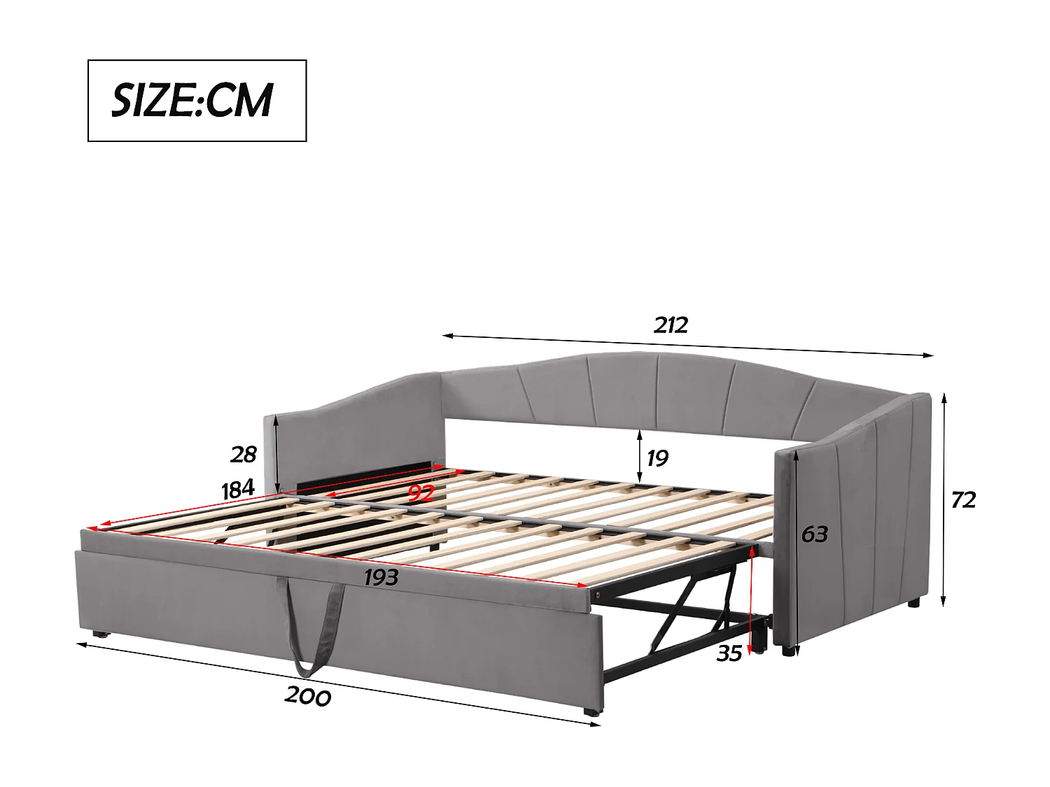 Uitschuifbare slaapbank 90x200/180x200 cm, grijs fluweel, met lattenbodem
