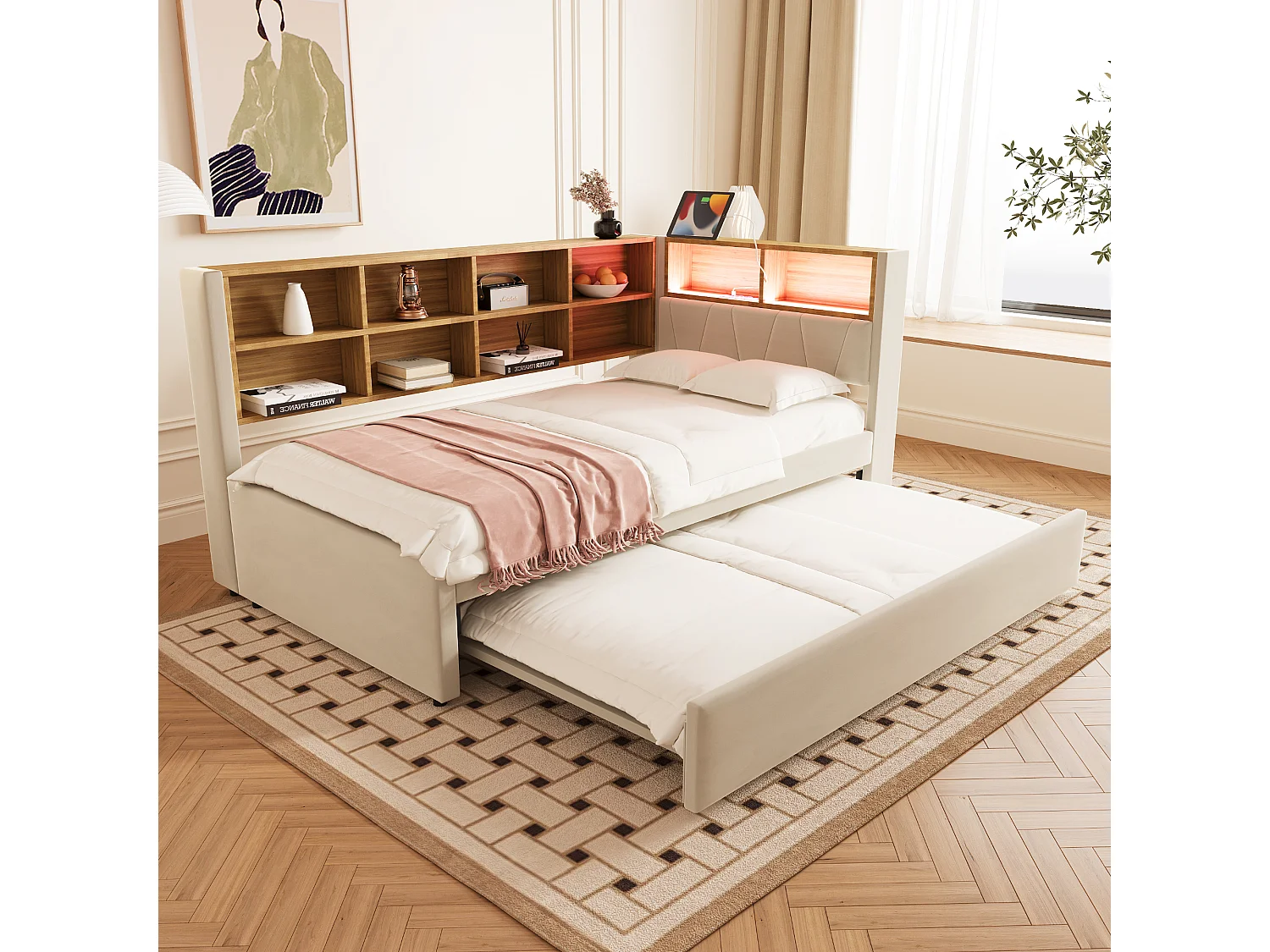 Canapé-lit 90x200 cm avec lit gigogne 90x190 cm, LED, prise USB et rangements multiples, revêtement en flanelle beige