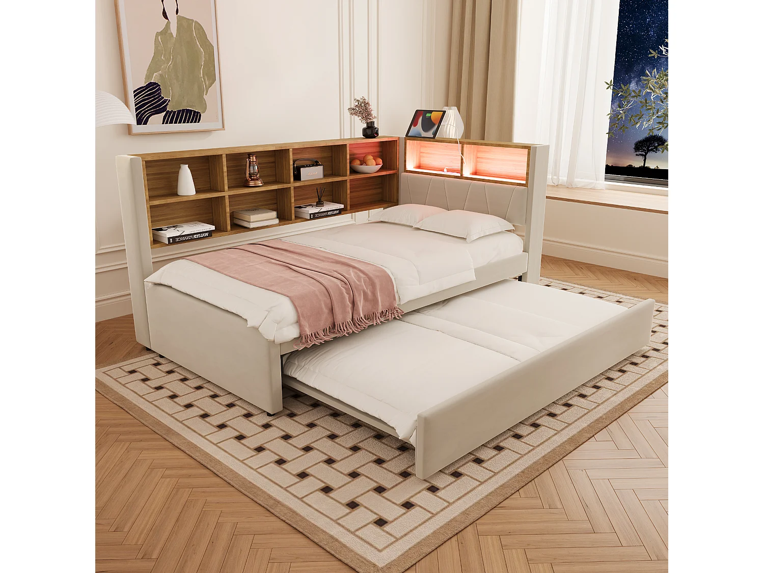 Canapé-lit 90x200 cm avec lit gigogne 90x190 cm, LED, prise USB et rangements multiples, revêtement en flanelle beige
