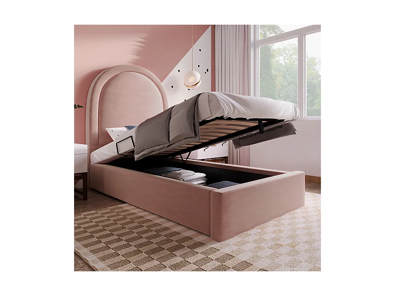 Lit enfant rembourré 90 x 200 cm, Rose, Velours, pour garçons et filles, cadre sans matelas