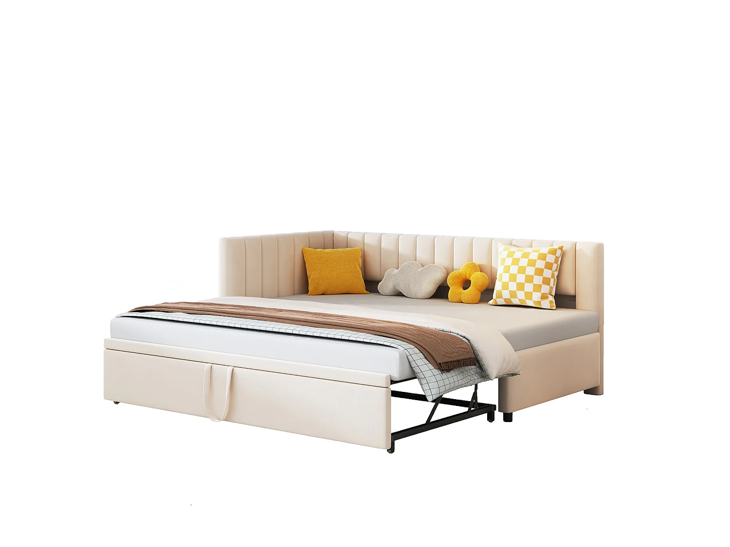 Canapé-lit en L extensible 90/180x200 cm, velours beige, lit multifonction gain de place pour enfant ou invité