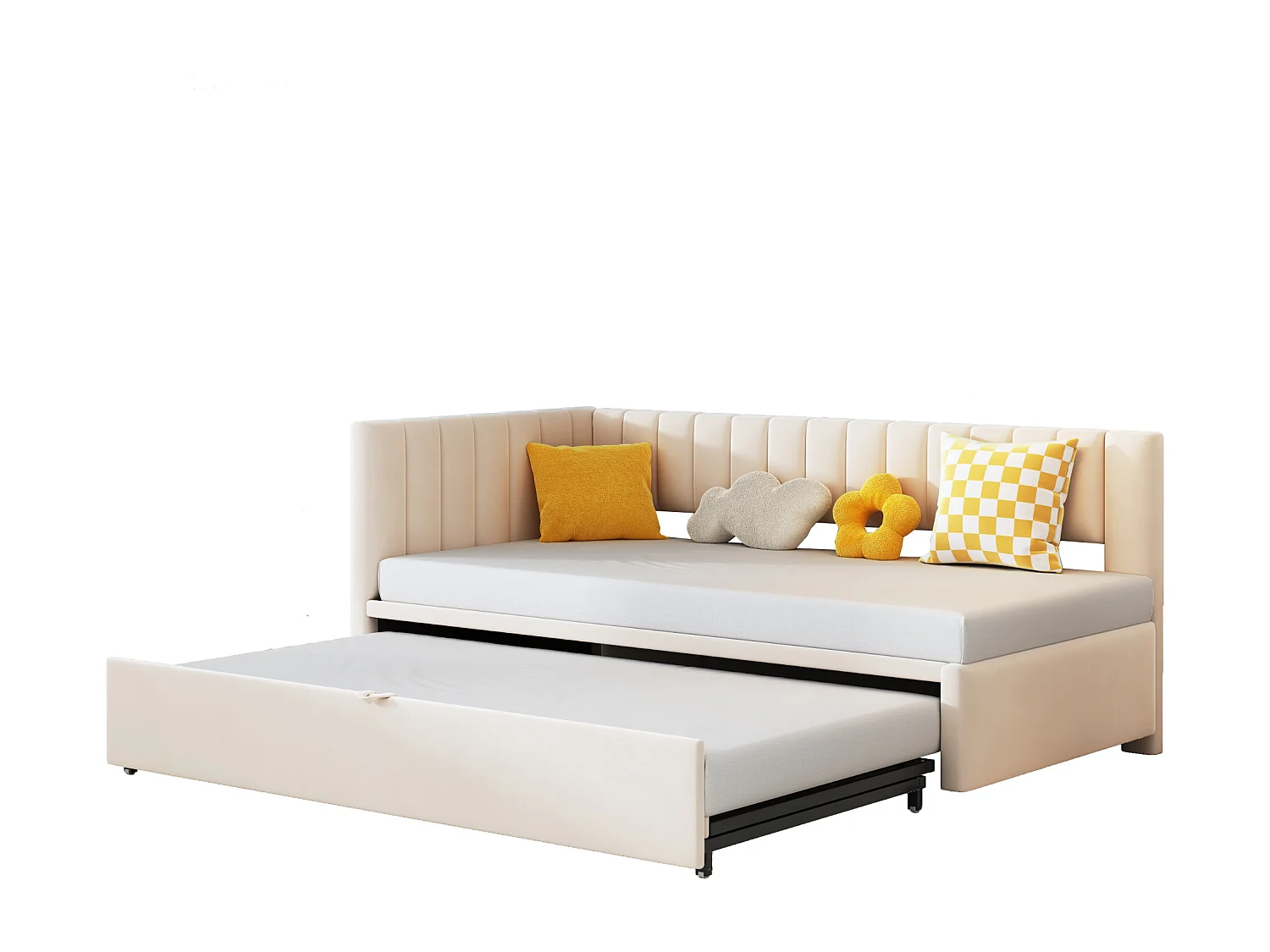 Canapé-lit en L extensible 90/180x200 cm, velours beige, lit multifonction gain de place pour enfant ou invité