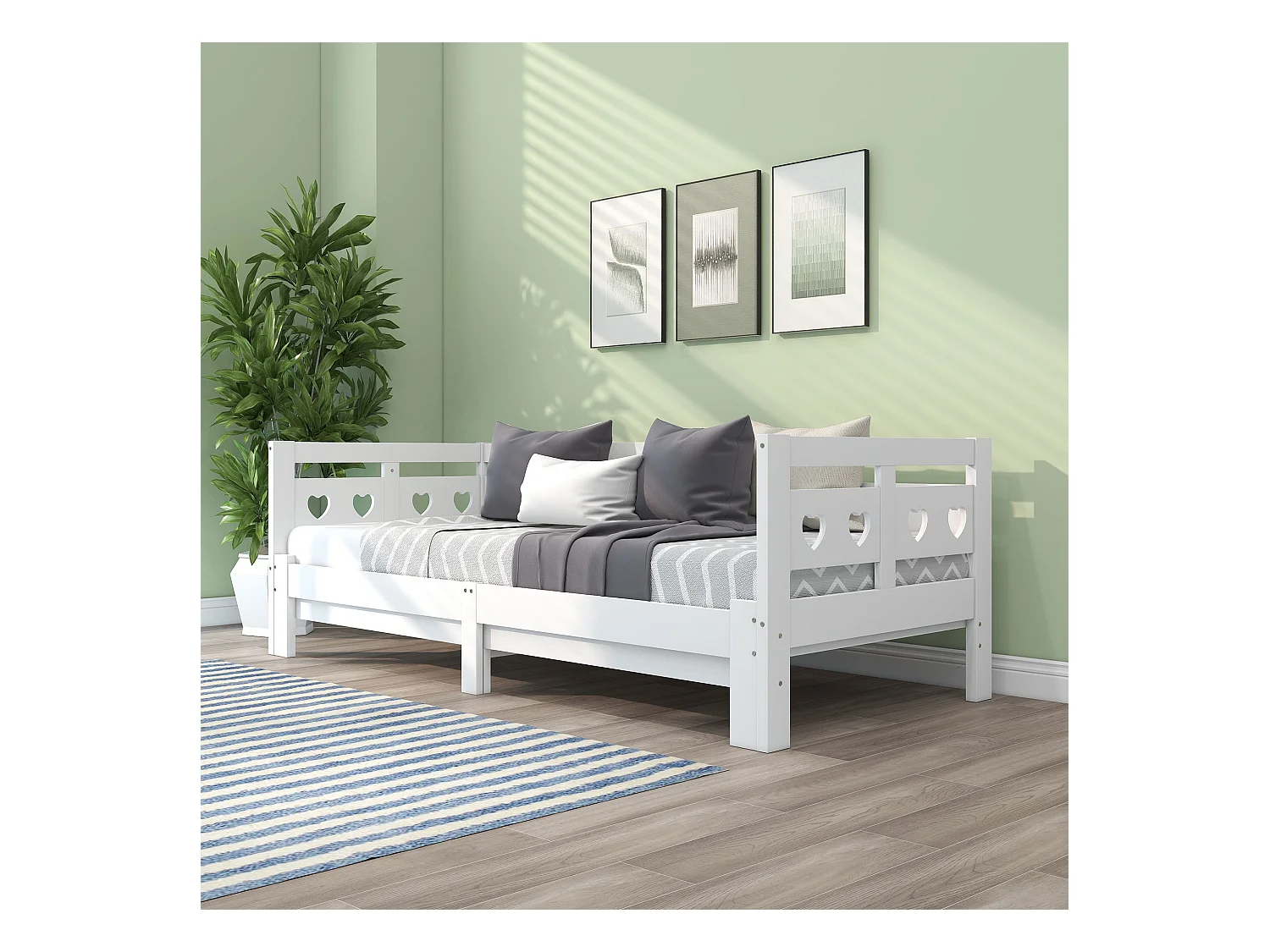 Lit banquette en pin massif 90×200 cm, lit extensible avec deuxième couchage et sommier à roulettes, tête de lit cœur, blanc