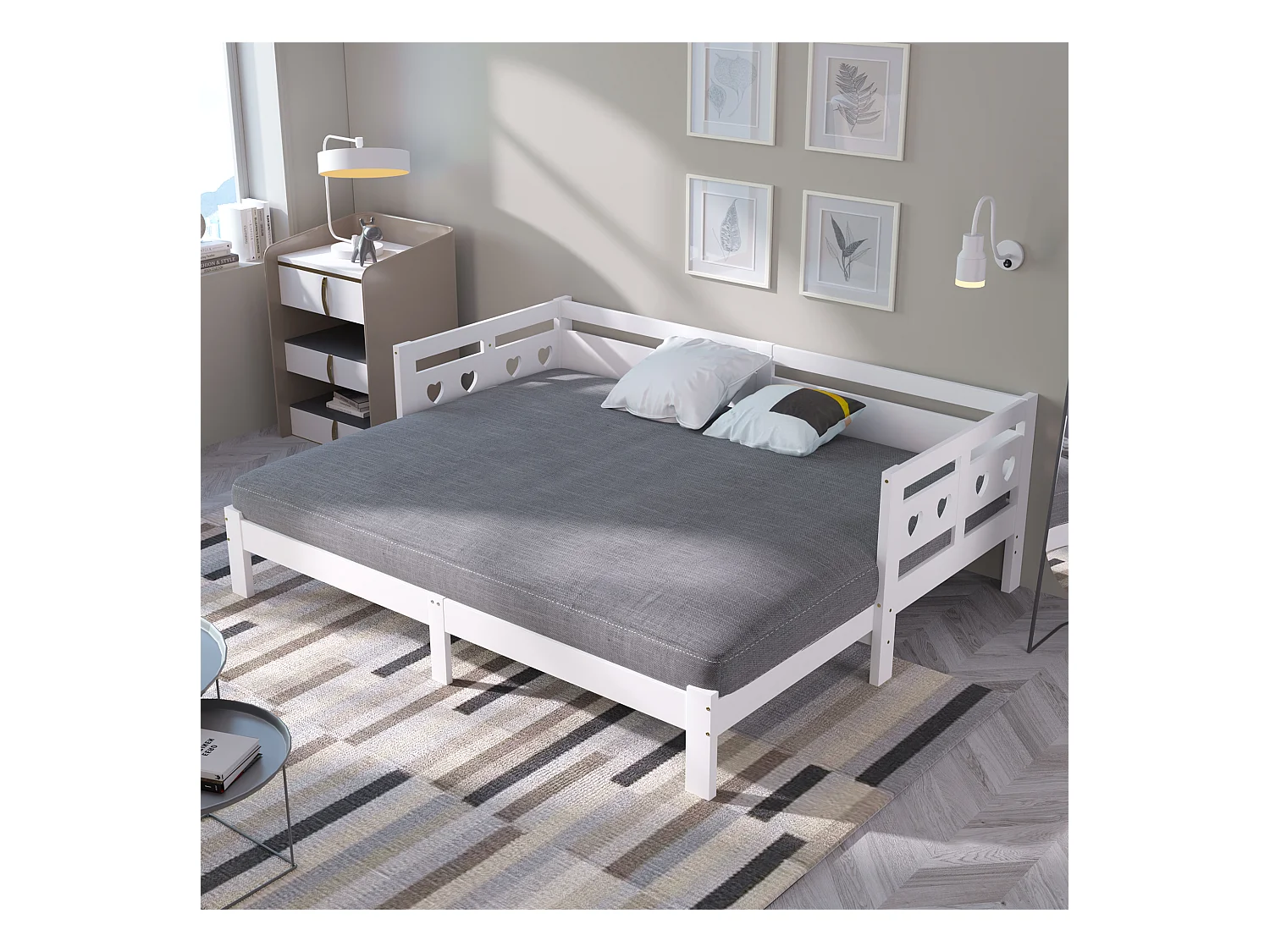 Lit banquette en pin massif 90×200 cm, lit extensible avec deuxième couchage et sommier à roulettes, tête de lit cœur, blanc