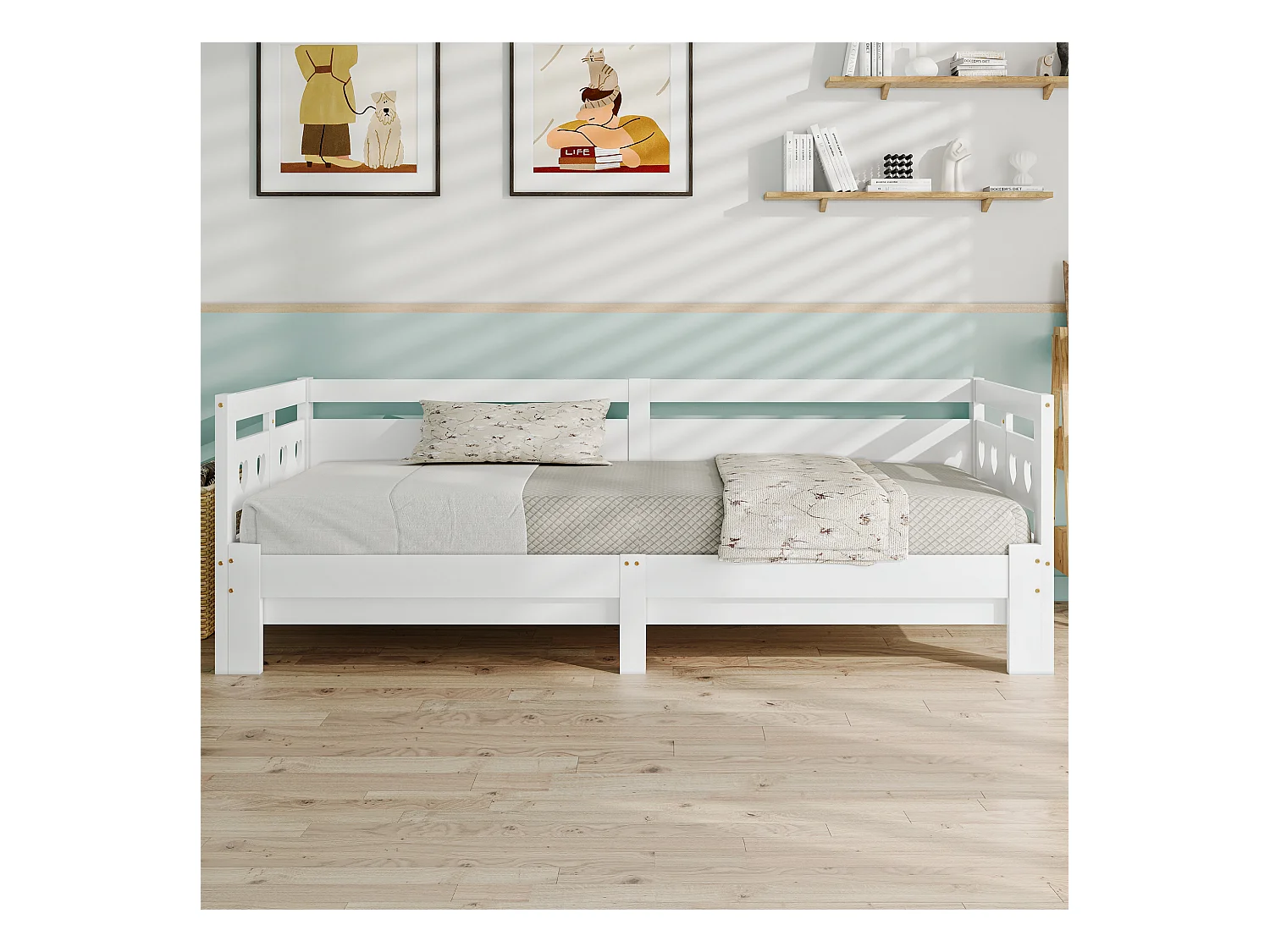 Lit banquette en pin massif 90×200 cm, lit extensible avec deuxième couchage et sommier à roulettes, tête de lit cœur, blanc