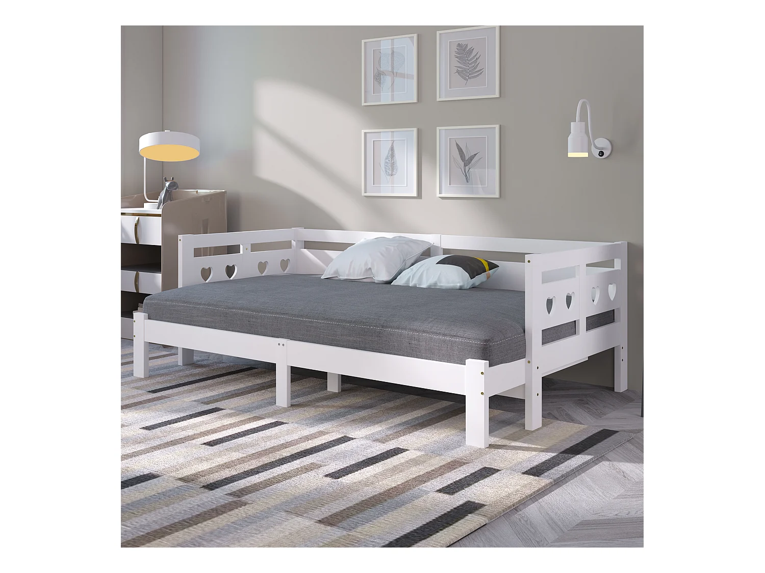 Lit banquette en pin massif 90×200 cm, lit extensible avec deuxième couchage et sommier à roulettes, tête de lit cœur, blanc