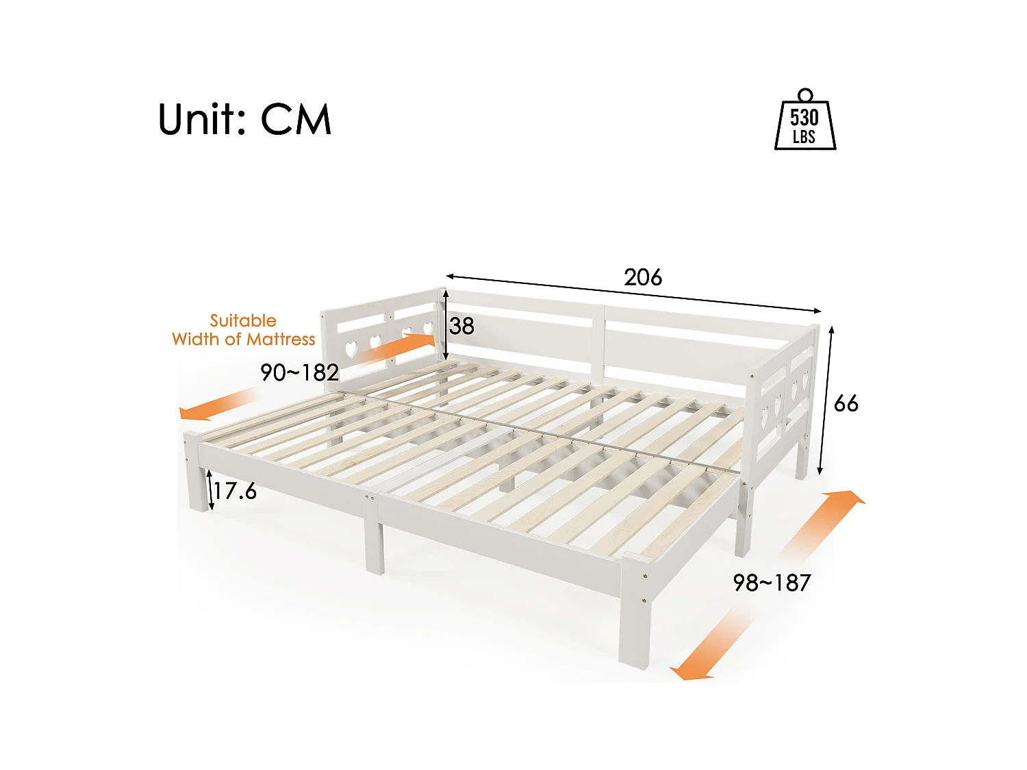 Lit banquette en pin massif 90×200 cm, lit extensible avec deuxième couchage et sommier à roulettes, tête de lit cœur, blanc