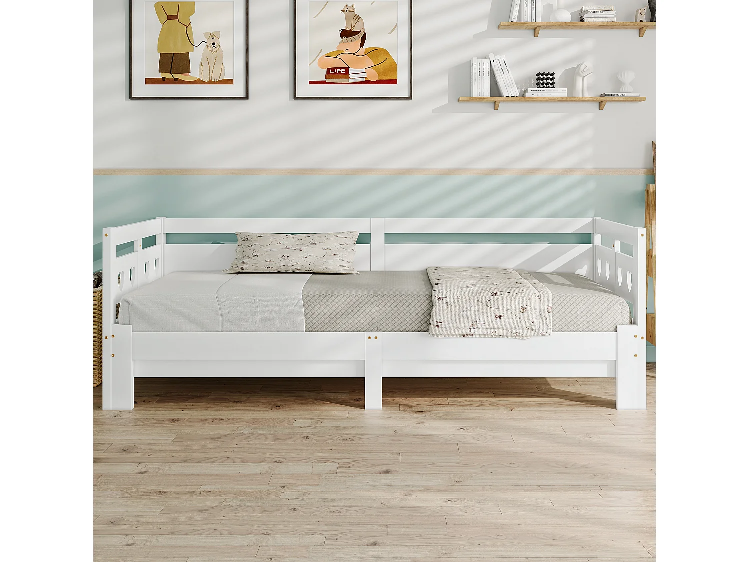 Lit banquette en pin massif 90×200 cm, lit extensible avec deuxième couchage et sommier à roulettes, tête de lit cœur, blanc