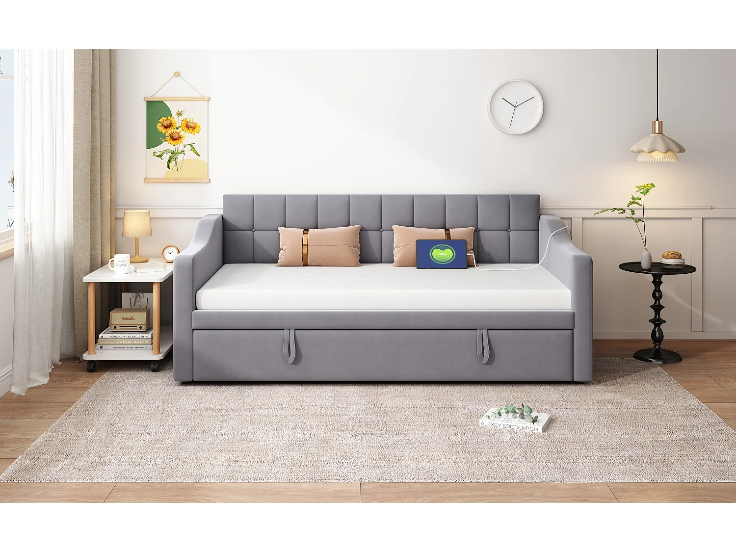 Canapé-lit multifonction 2 en 1 90/180 cm, en velours gris, avec prise USB et poche de rangement latérale