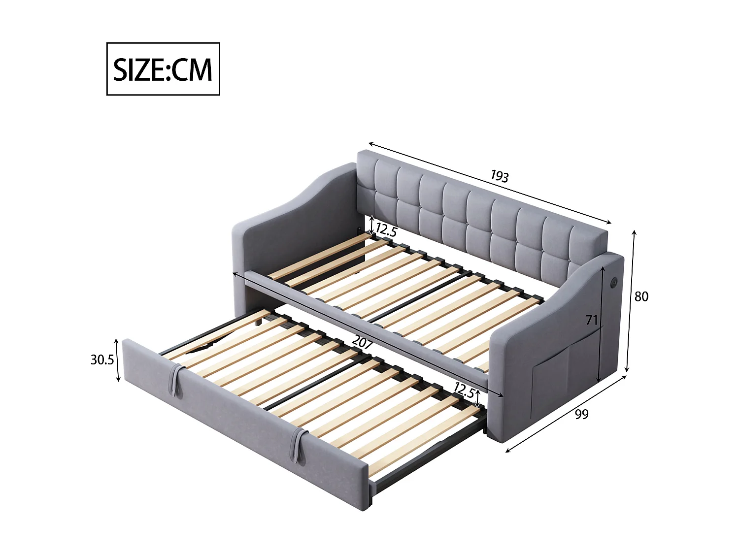 Canapé-lit multifonction 2 en 1 90/180 cm, en velours gris, avec prise USB et poche de rangement latérale