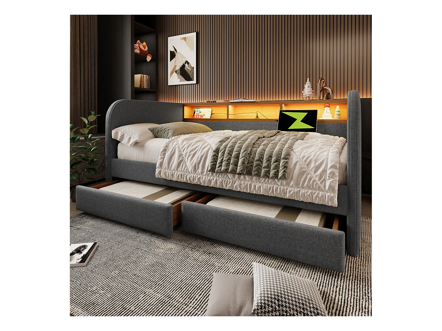 Lit banquette 140×190 cm, canapé-lit avec LED et port USB-C, tête de lit avec rangement et 2 tiroirs, lin gris, sans matelas