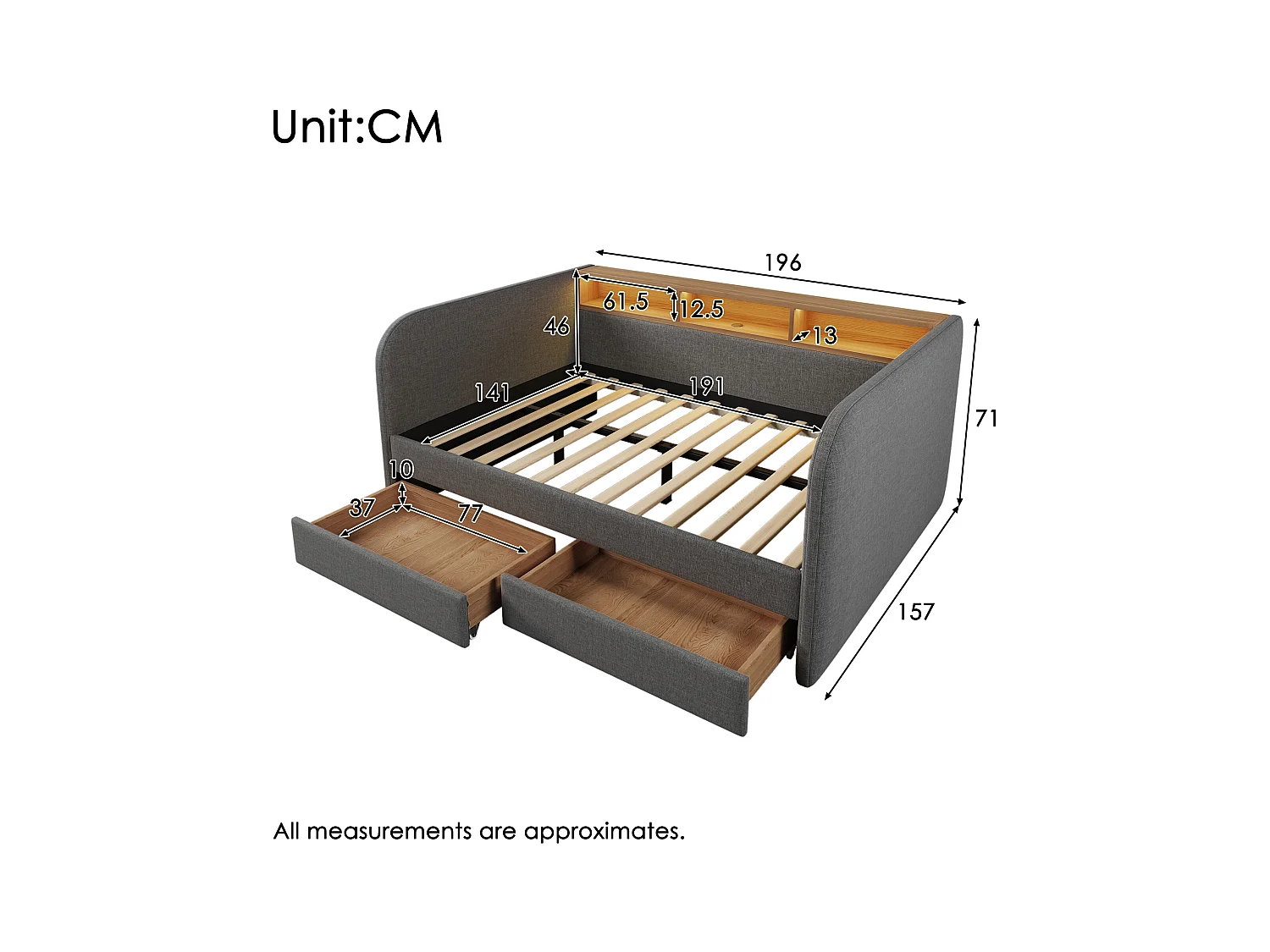 Lit banquette 140×190 cm, canapé-lit avec LED et port USB-C, tête de lit avec rangement et 2 tiroirs, lin gris, sans matelas