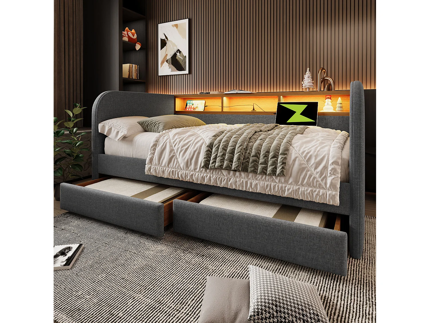 Lit banquette 140×190 cm, canapé-lit avec LED et port USB-C, tête de lit avec rangement et 2 tiroirs, lin gris, sans matelas