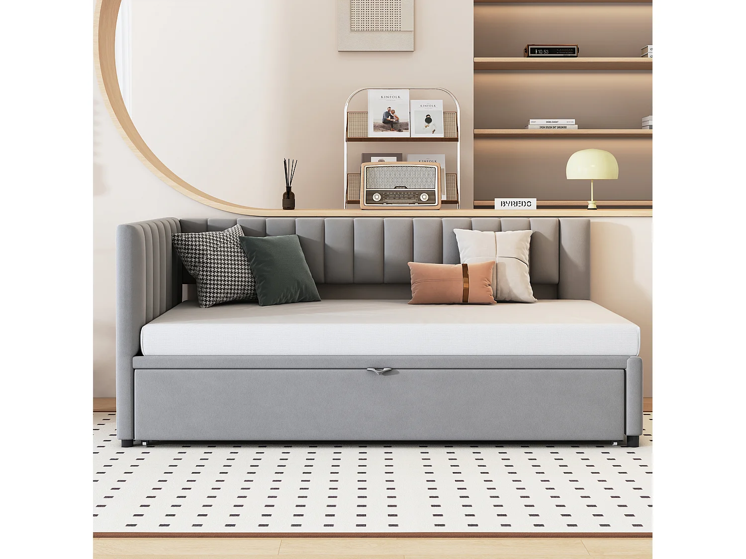 Canapé-lit en L extensible 90/180x200 cm, velours gris, lit multifonction compact pour chambre ou studio