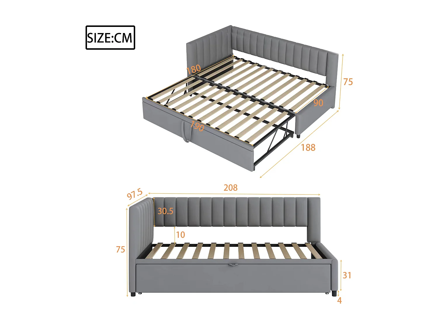 Canapé-lit en L extensible 90/180x200 cm, velours gris, lit multifonction compact pour chambre ou studio