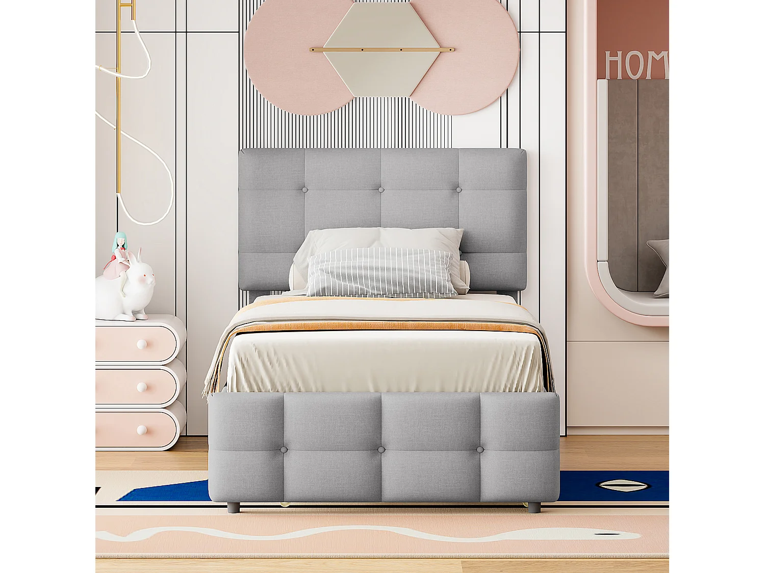 Lit rembourré 90x200 cm extensible pour enfant, tête de lit ajustable, revêtement en lin gris respirant