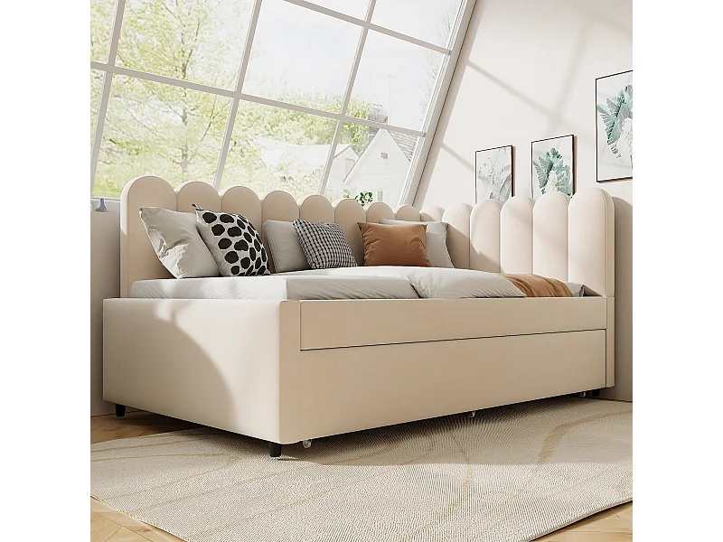 Lit d’angle rembourré 140x200 cm en velours beige, dossier à motif fleuri et lit gigogne pratique