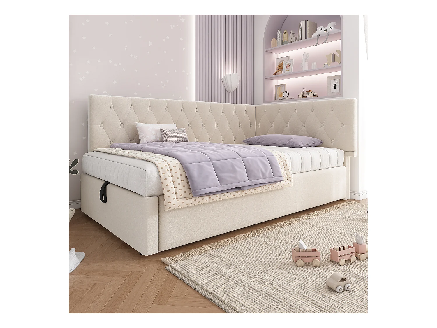 Lit Banquette capitonné 90×200 cm, lit d’appoint avec coffre hydraulique, velours beige, sommier bois, sans matelas