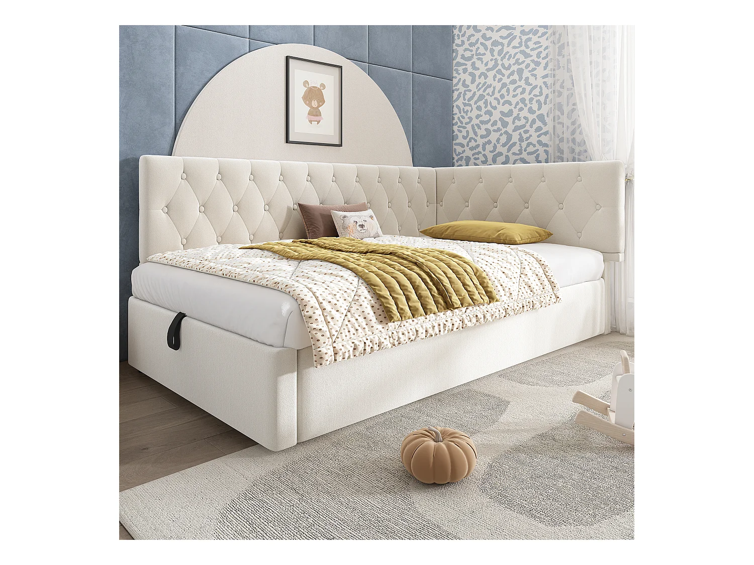 Lit Banquette capitonné 90×200 cm, lit d’appoint avec coffre hydraulique, velours beige, sommier bois, sans matelas