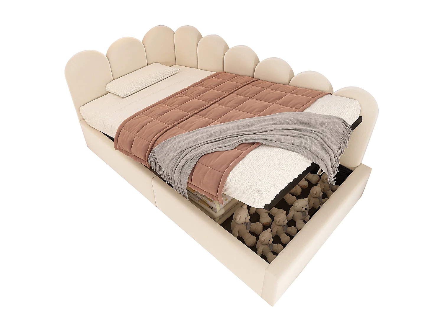 Lit banquette capitonné 90×200 cm, canapé-lit avec coffre hydraulique et sommier métallique, velours beige, sans matelas