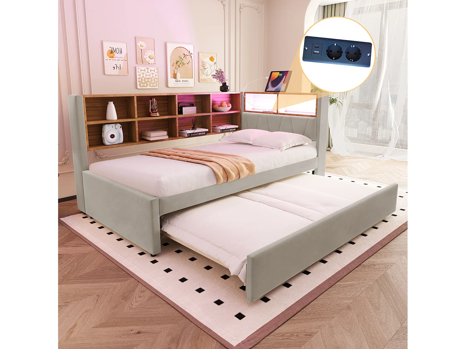 Canapé-lit 90x200 cm avec lit gigogne 90x190 cm, LED, port USB et nombreux rangements, tissu flanelle gris clair