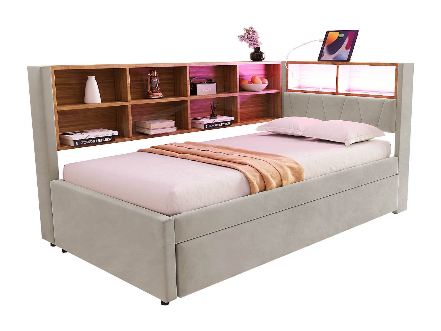 Canapé-lit 90x200 cm avec lit gigogne 90x190 cm, LED, port USB et nombreux rangements, tissu flanelle gris clair