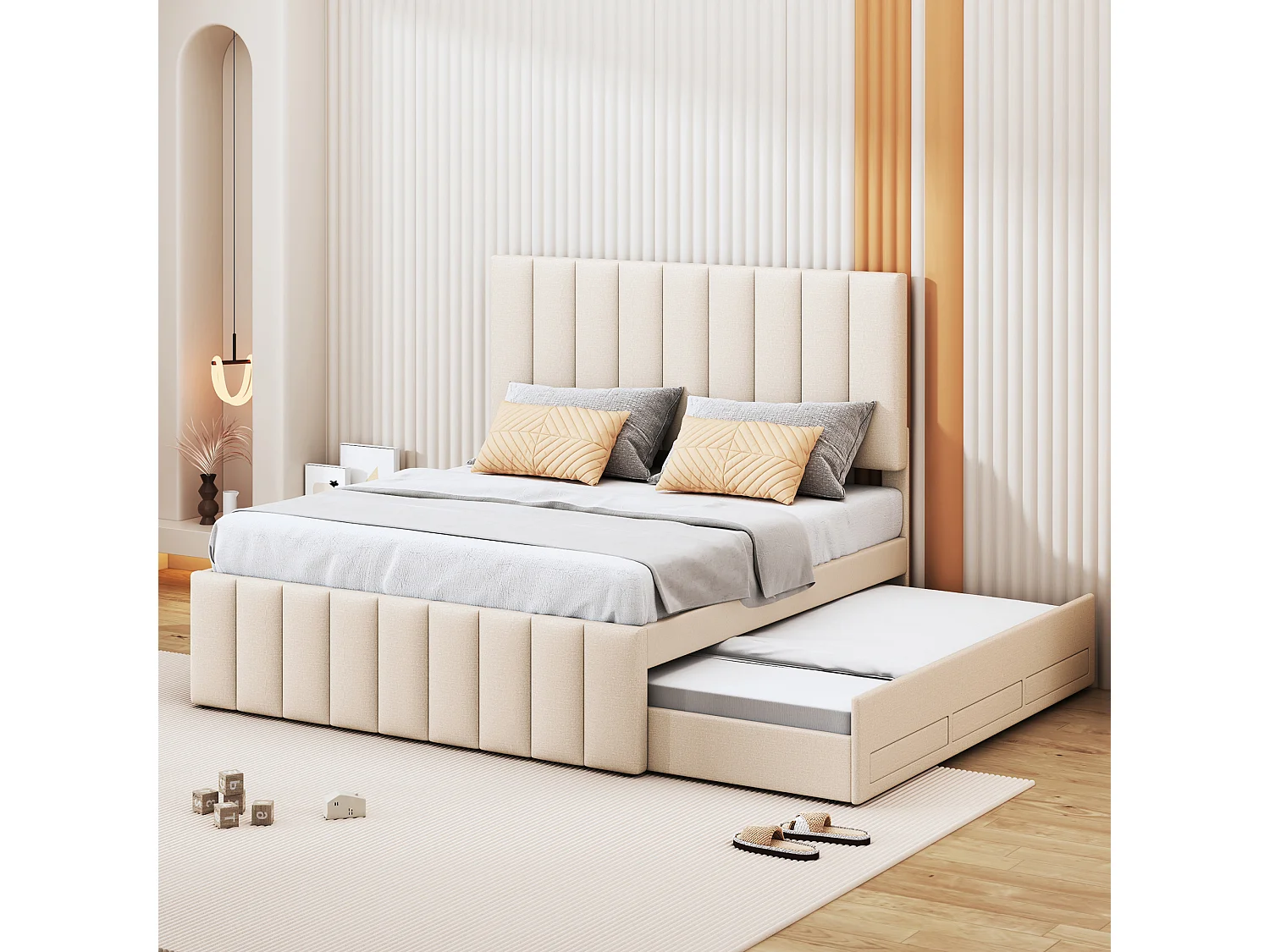 Lit double 140x200 cm avec lit gigogne et tiroirs, revêtement en lin beige, lit d’enfant ou d’appoint