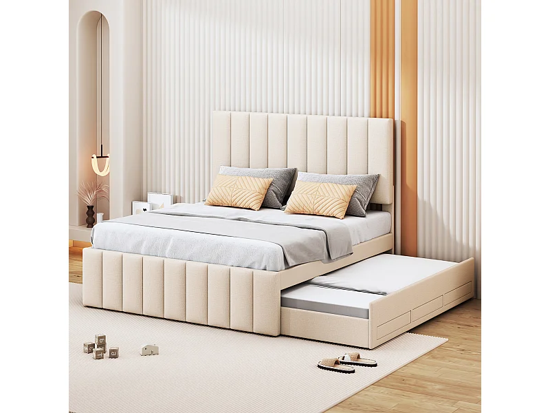 Lit double 140x200 cm avec lit gigogne et tiroirs, revêtement en lin beige, lit d’enfant ou d’appoint