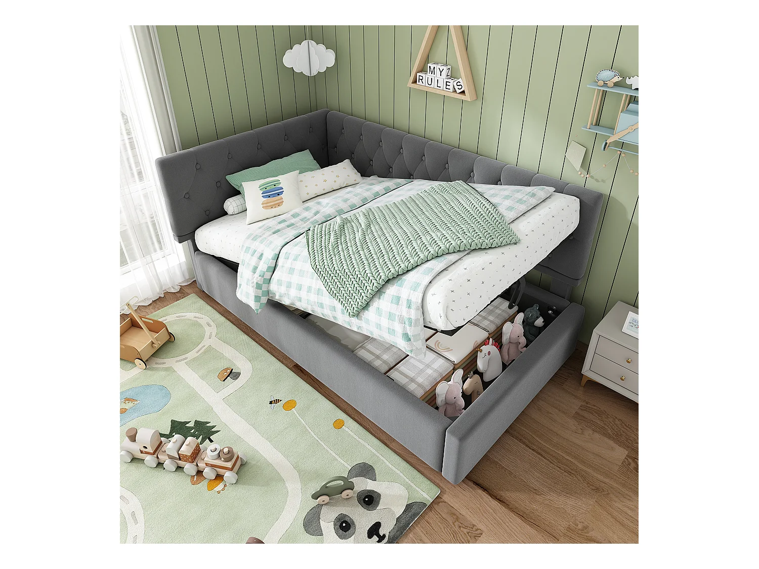 Lit Banquette capitonné 90×190 cm, lit d’appoint avec coffre hydraulique, velours gris, sommier bois, sans matelas