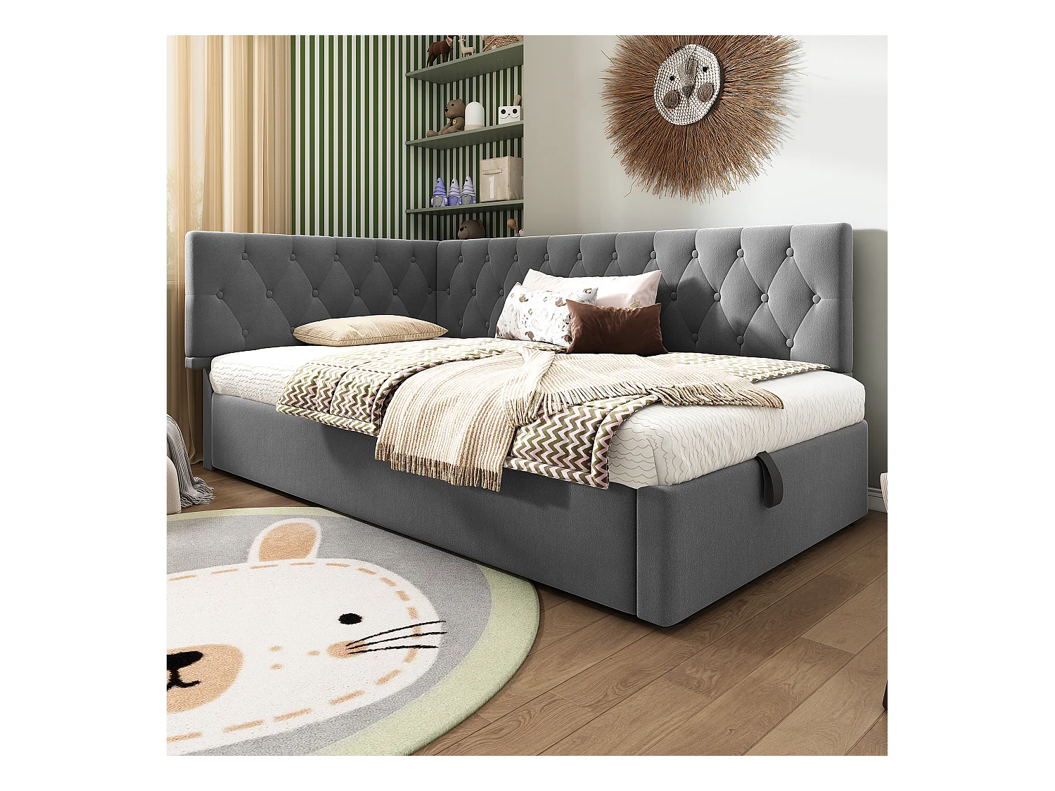 Lit Banquette capitonné 90×190 cm, lit d’appoint avec coffre hydraulique, velours gris, sommier bois, sans matelas